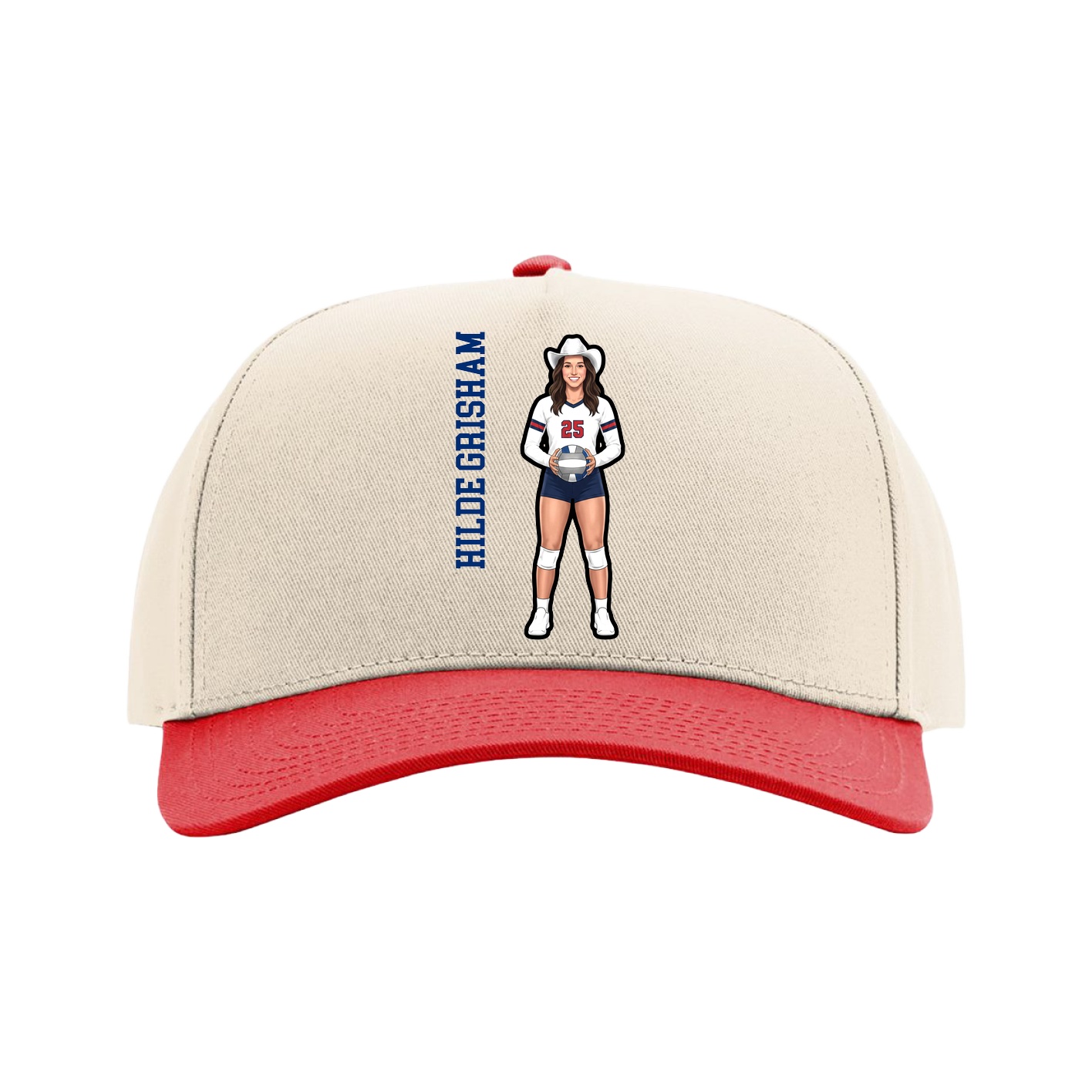Full Fabric Five-Panel Champ Cap — Name Vertical in Cream/Red