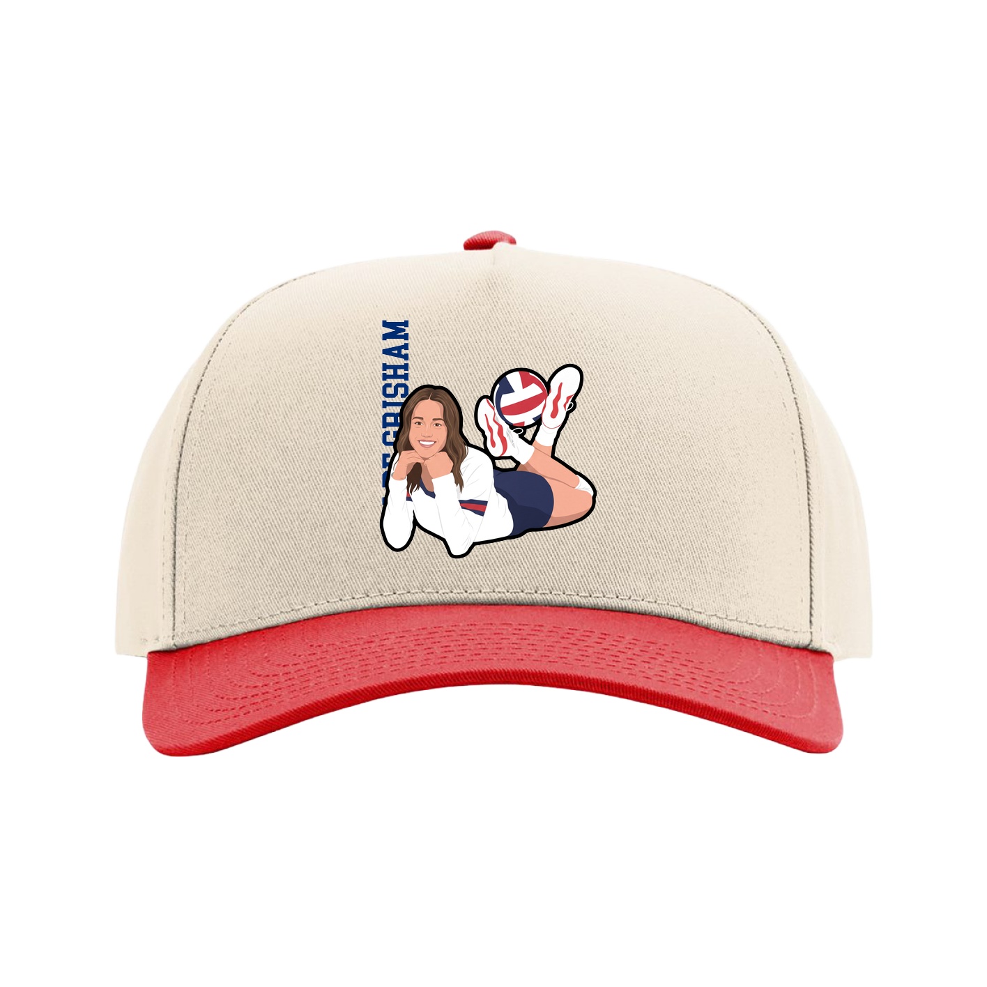 Full Fabric Five-Panel Champ Cap — Name Vertical in Cream/Red
