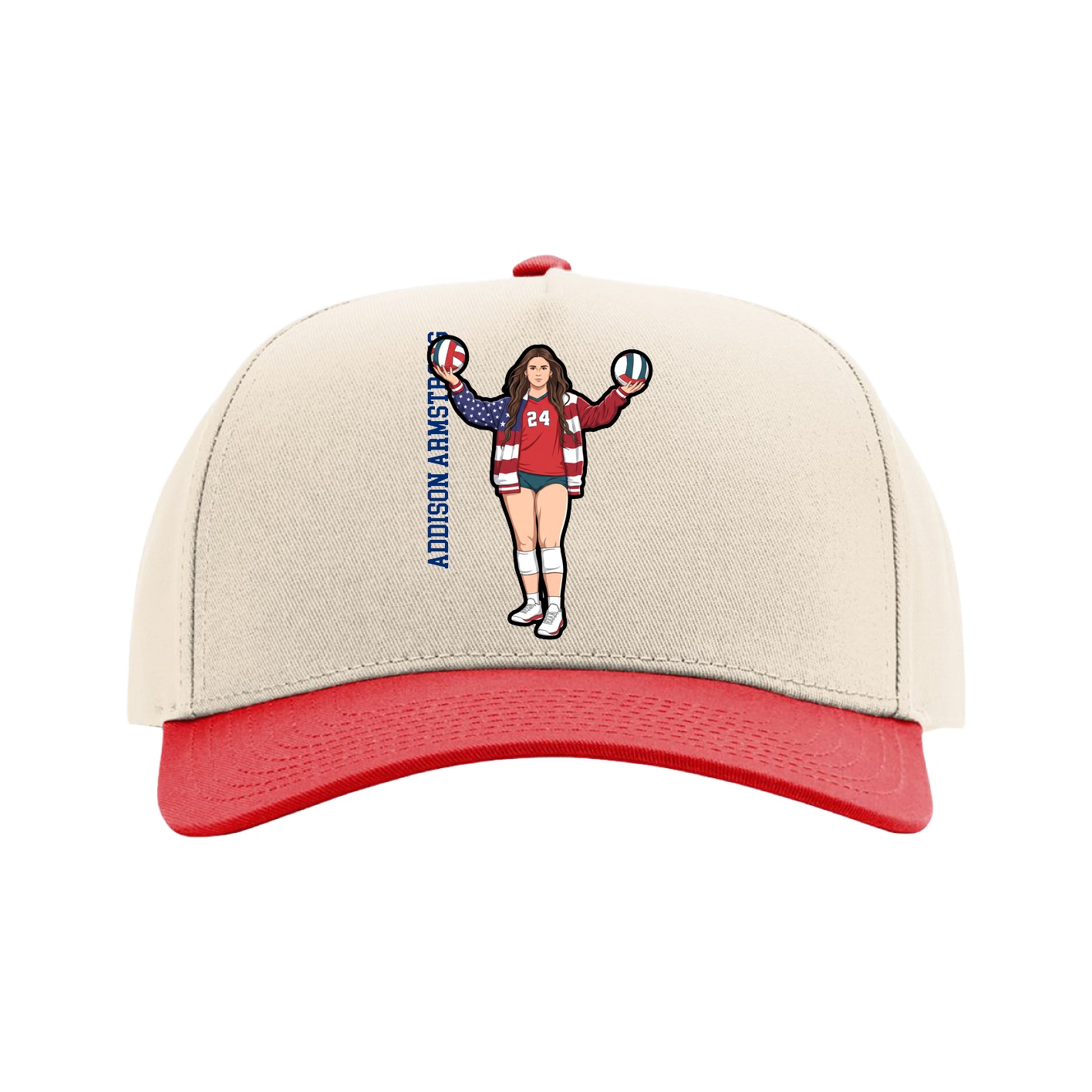 Full Fabric Five-Panel Champ Cap — Name Vertical in Cream/Red