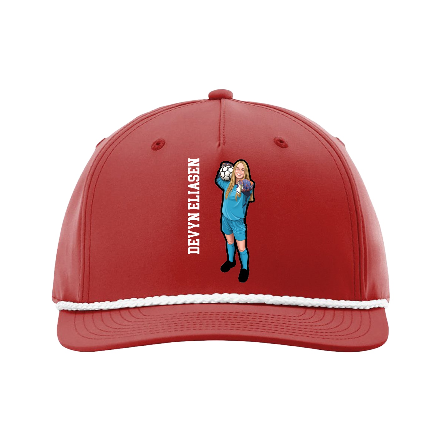 Five-Panel Classic Rope Cap — Name Vertical in Red