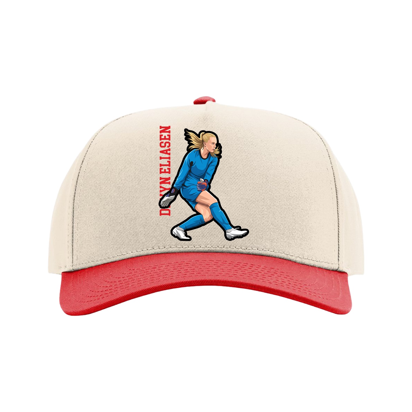 Full Fabric Five-Panel Champ Cap — Name Vertical in Cream/Red