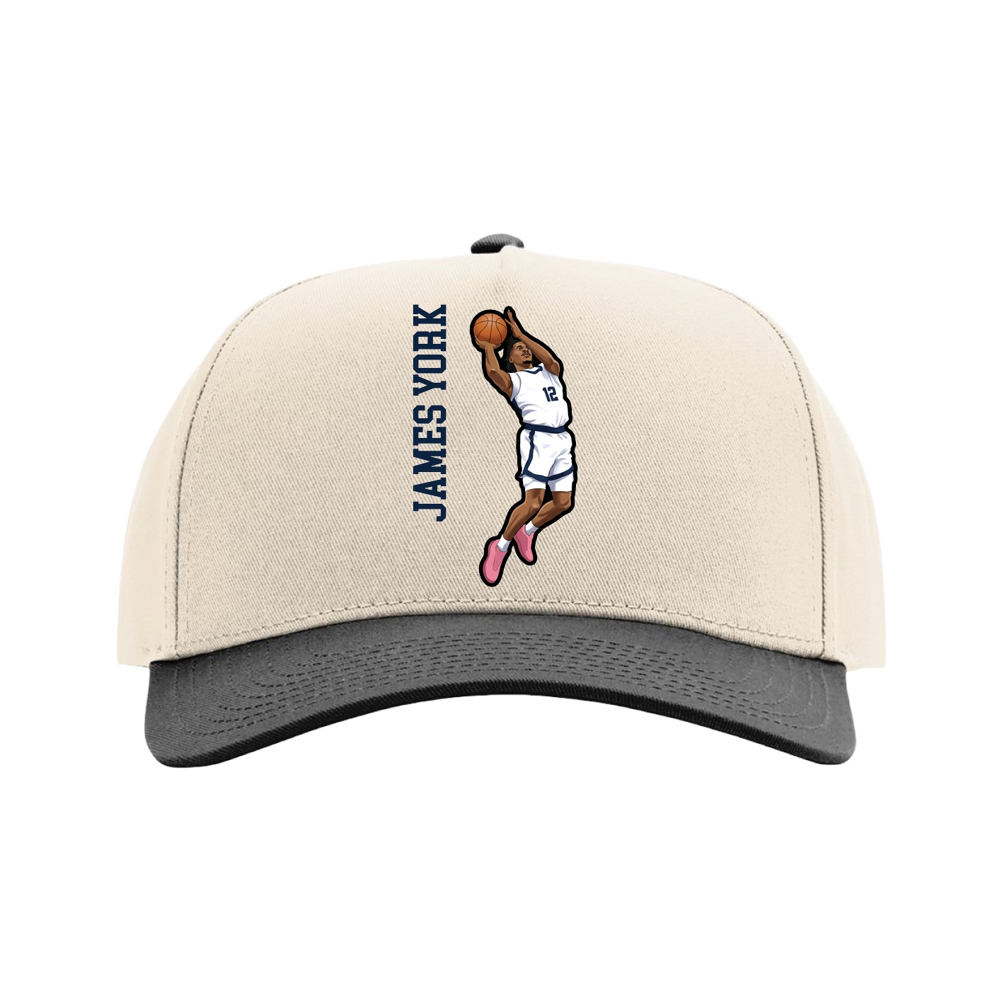 Full Fabric Five-Panel Champ Cap — Name Vertical in Cream/Black