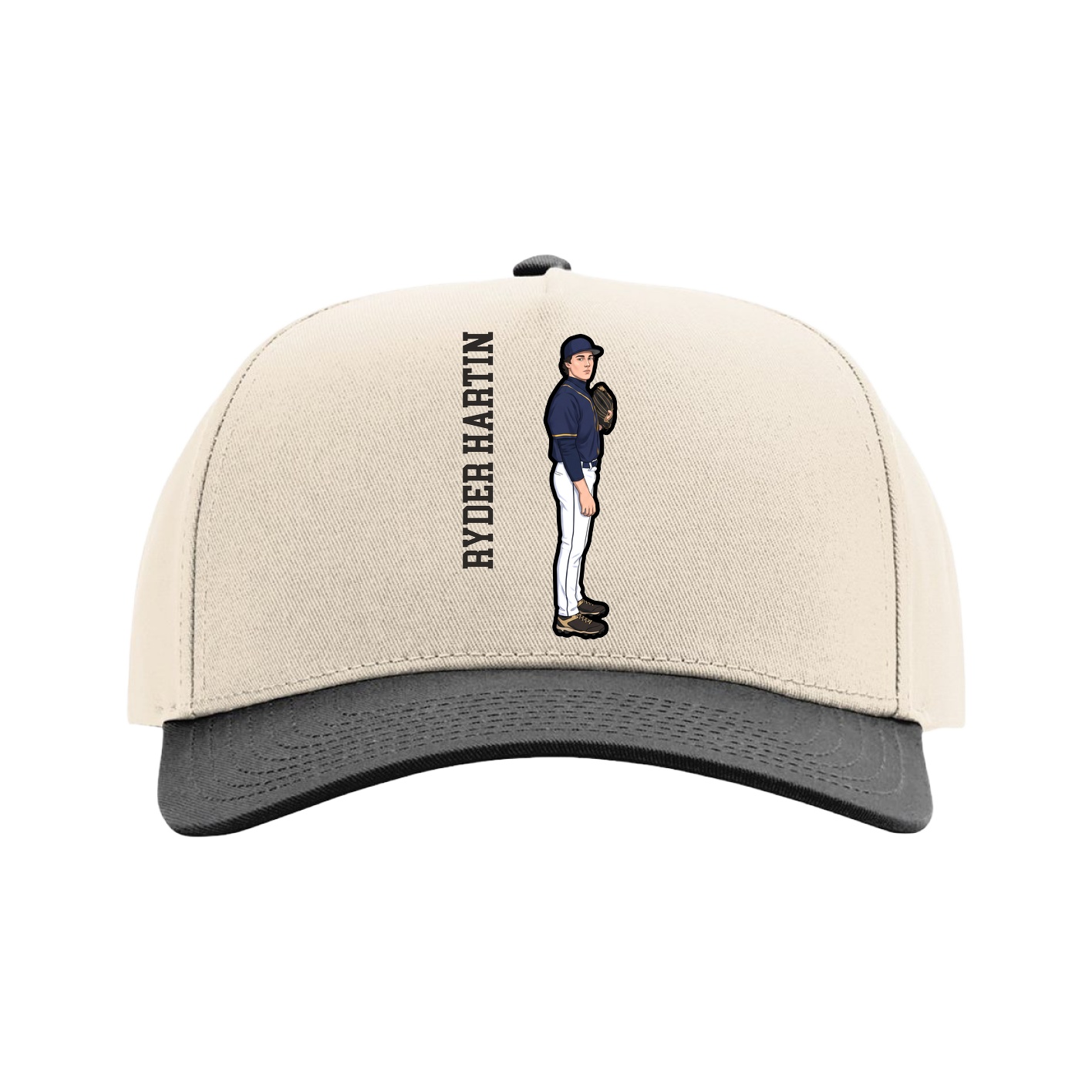Full Fabric Five-Panel Champ Cap — Name Vertical in Cream/Black