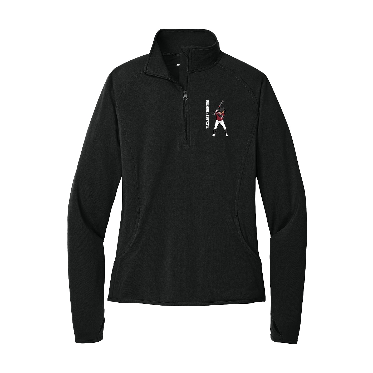 Women's Q-Zip Pullover — Name Vertical in Black