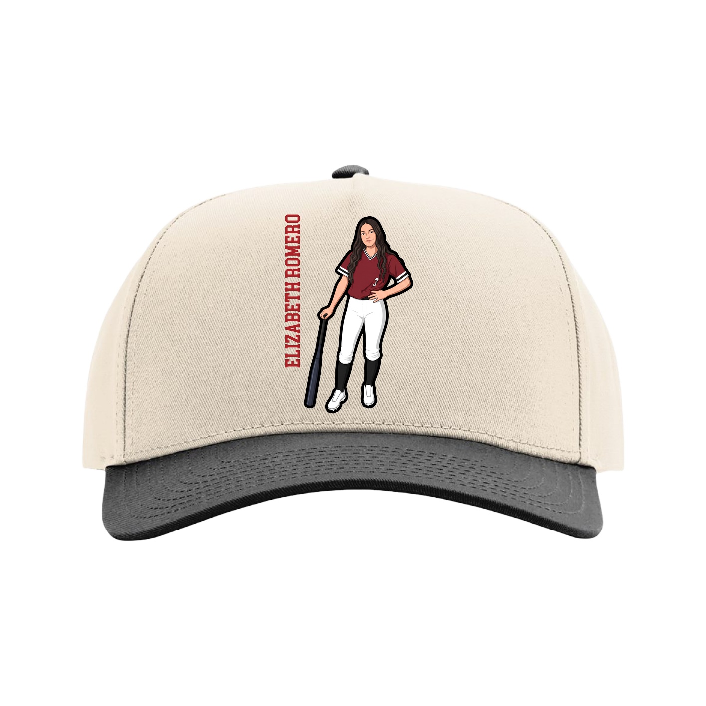 Full Fabric Five-Panel Champ Cap — Name Vertical in Cream/Black