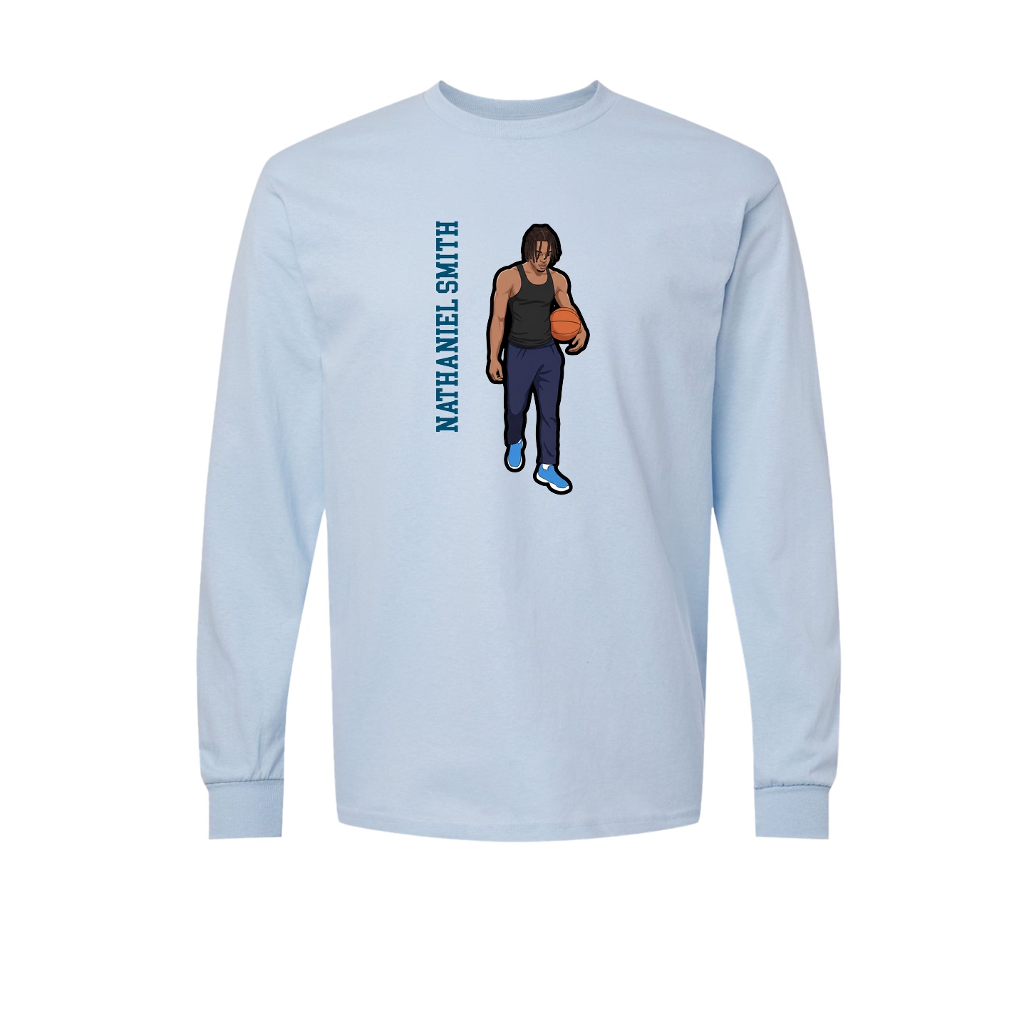 Long Sleeve Tee — Name Vertical in Light Blue