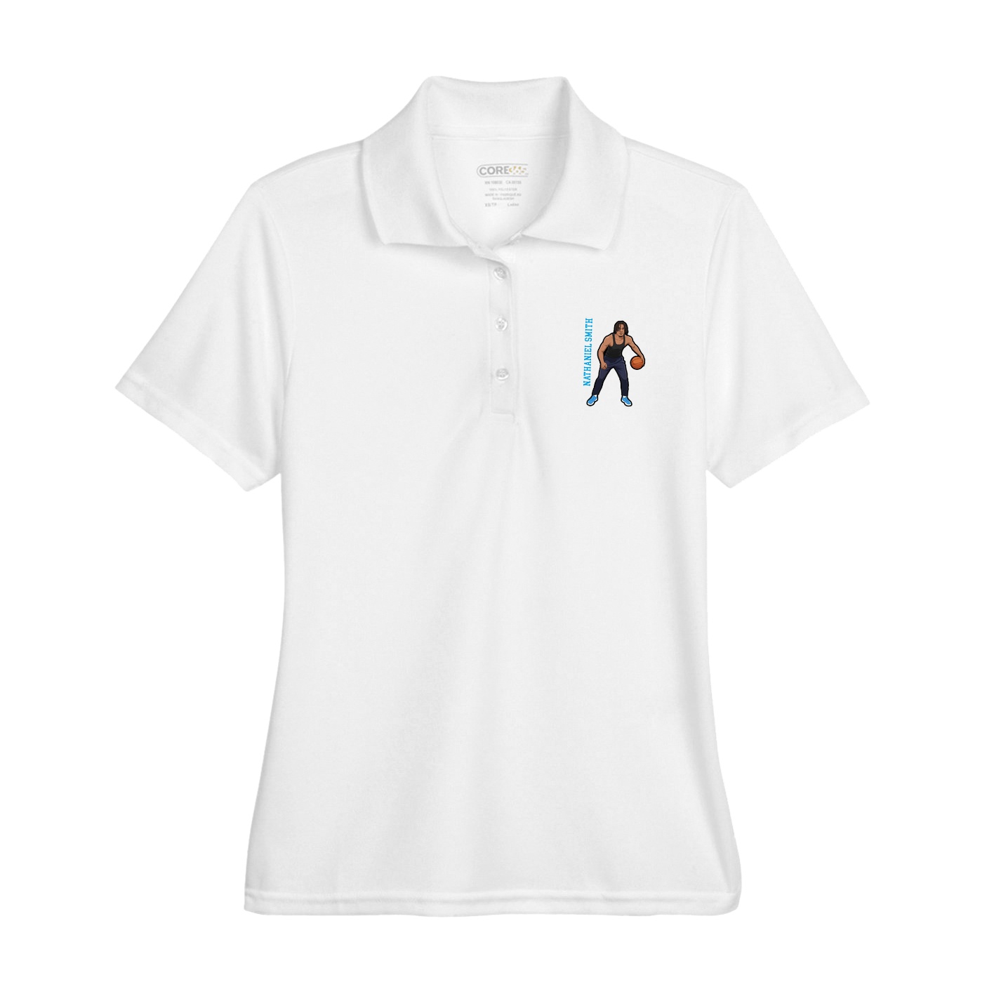 Womens Performance Polo — Name Vertical in White