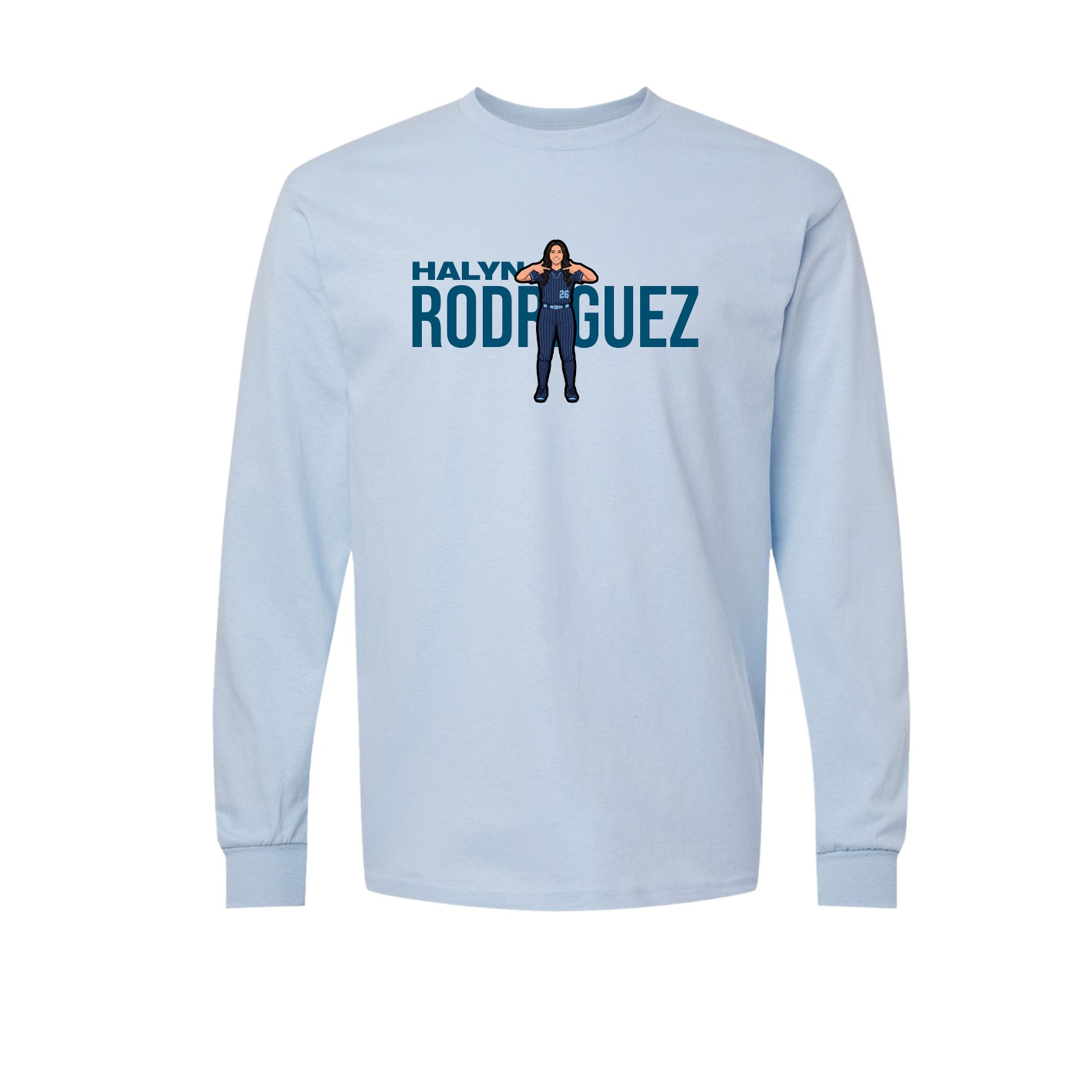 Long Sleeve Tee — Player Name in Light Blue
