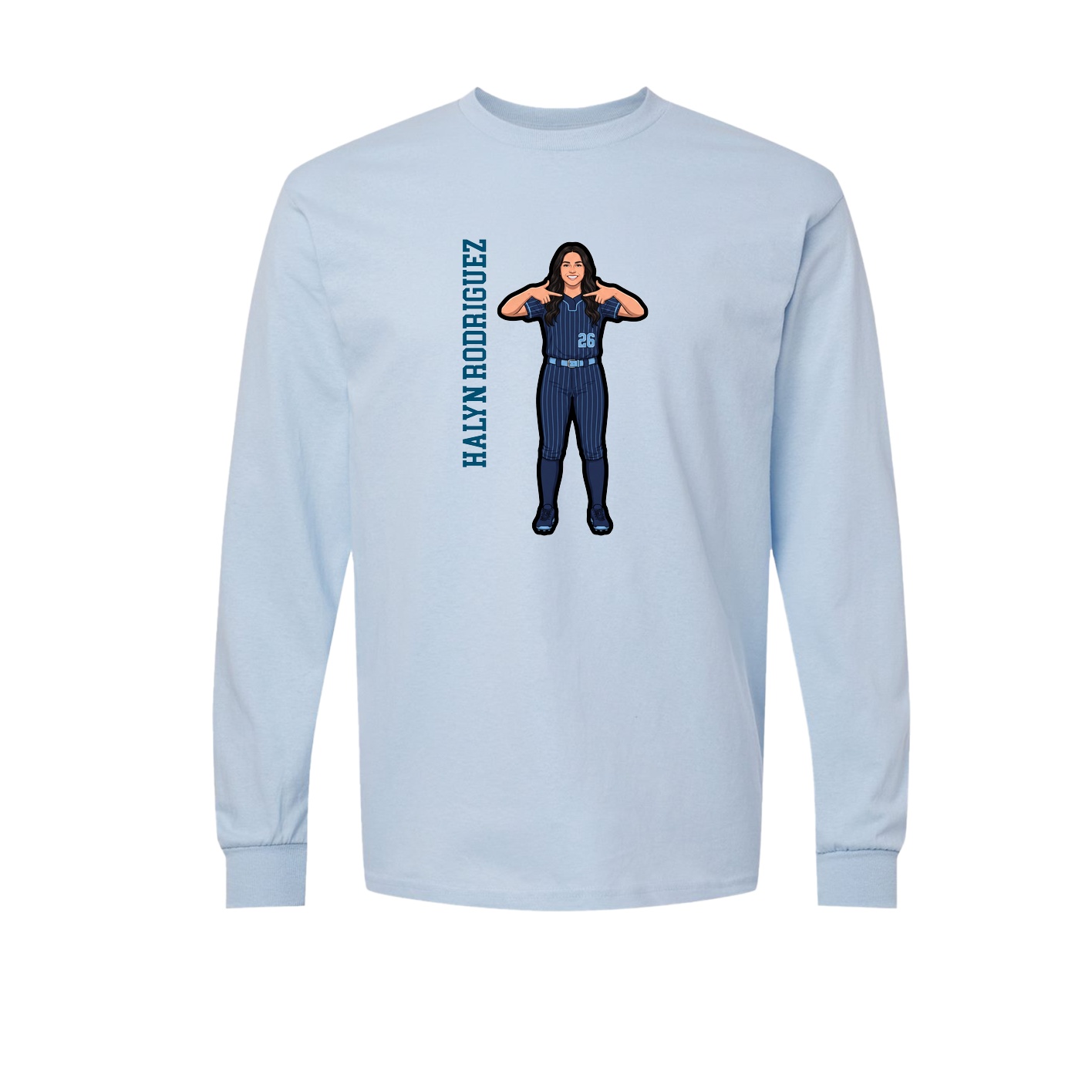 Long Sleeve Tee — Name Vertical in Light Blue