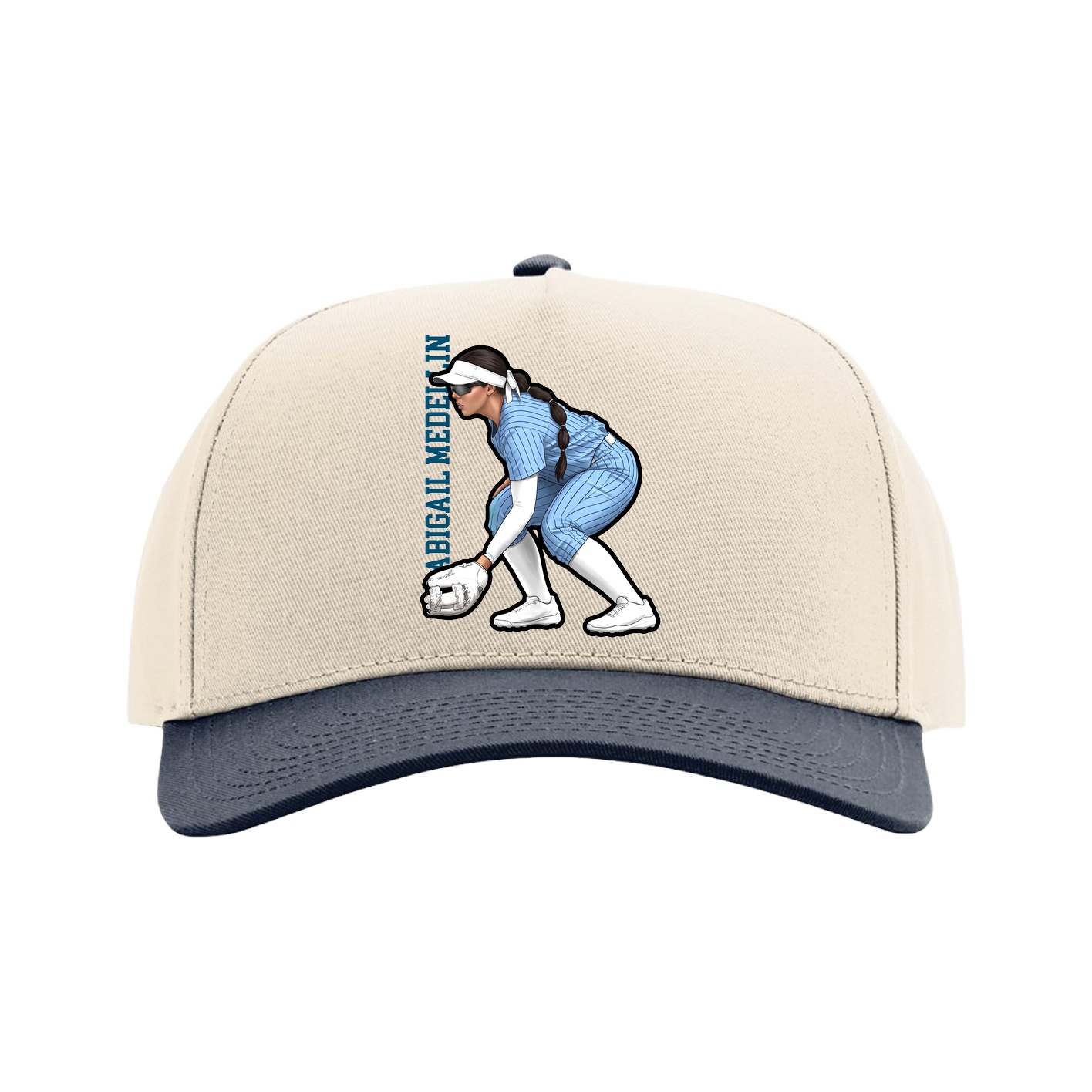 Full Fabric Five-Panel Champ Cap — Name Vertical in Cream/Navy