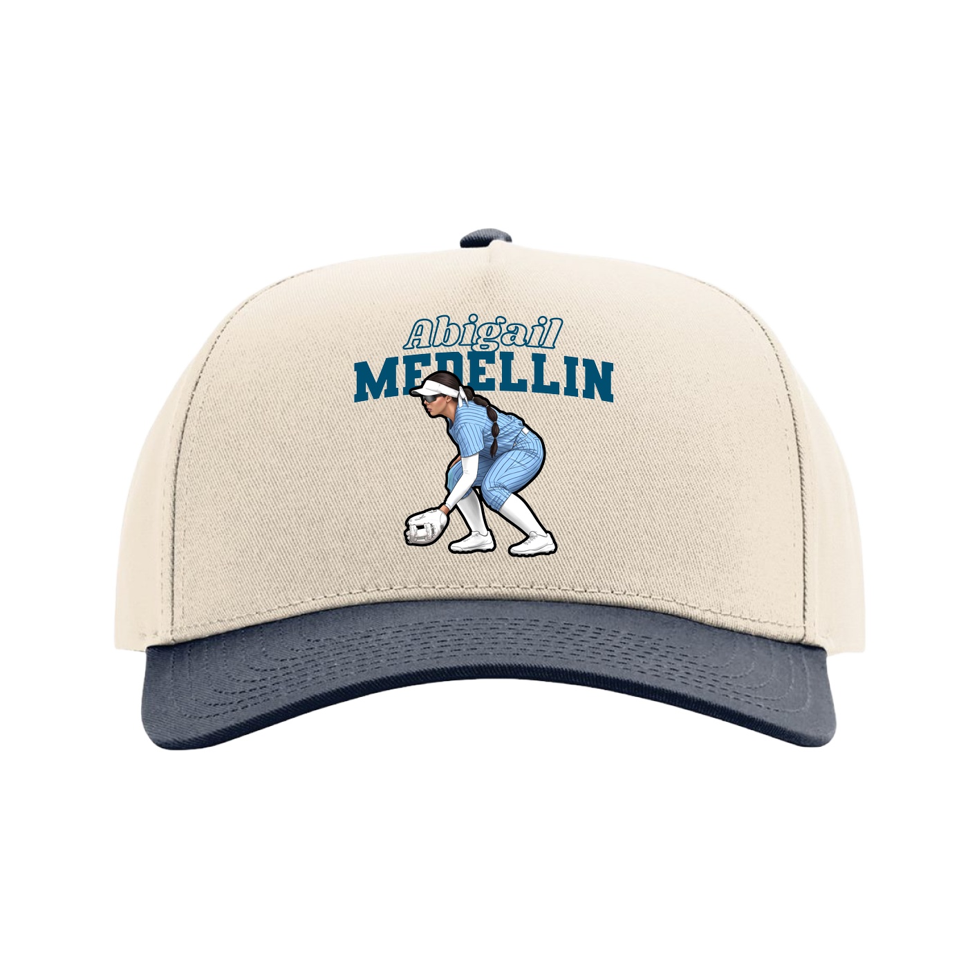 Full Fabric Five-Panel Champ Cap — Name Arch in Cream/Navy