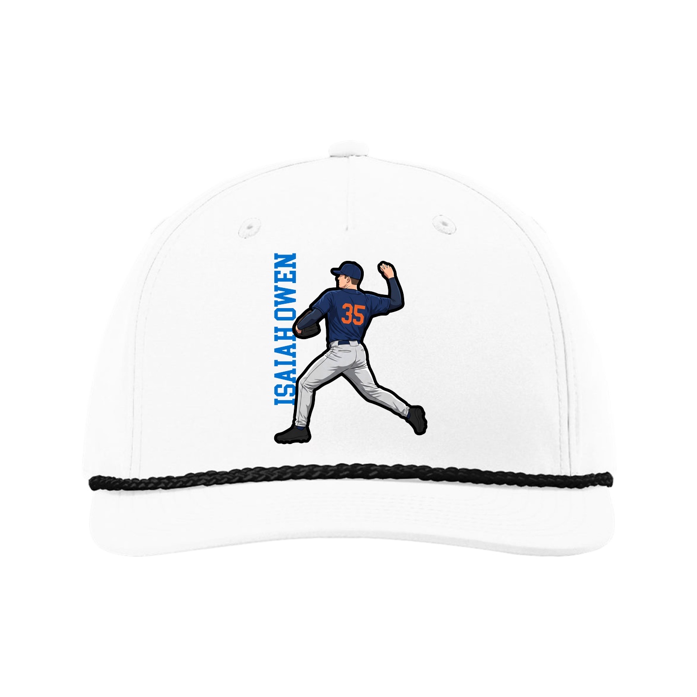 Five-Panel Classic Rope Cap — Name Vertical in White
