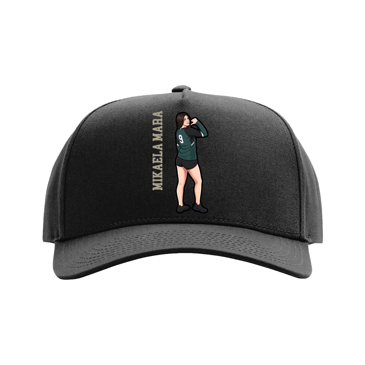 Full Fabric Five-Panel Champ Cap — Name Vertical in Black