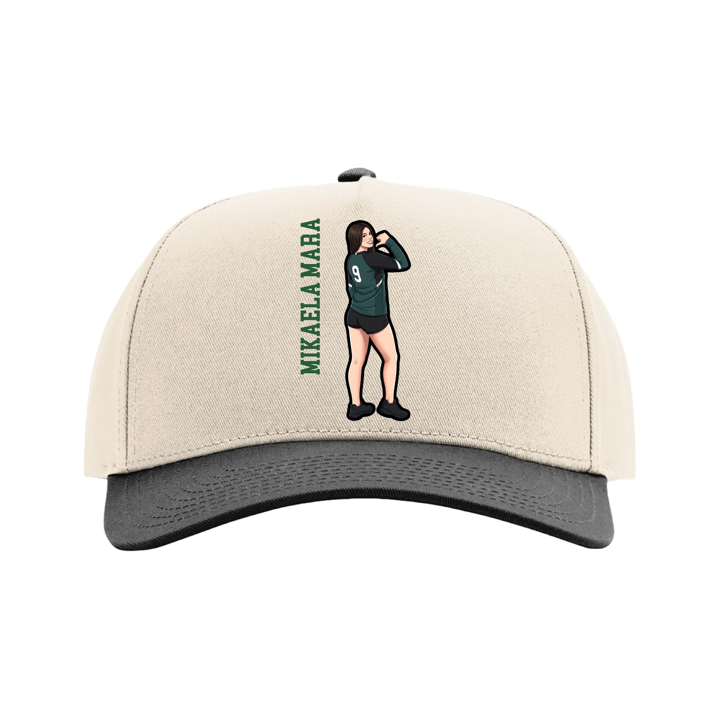 Full Fabric Five-Panel Champ Cap — Name Vertical in Cream/Black