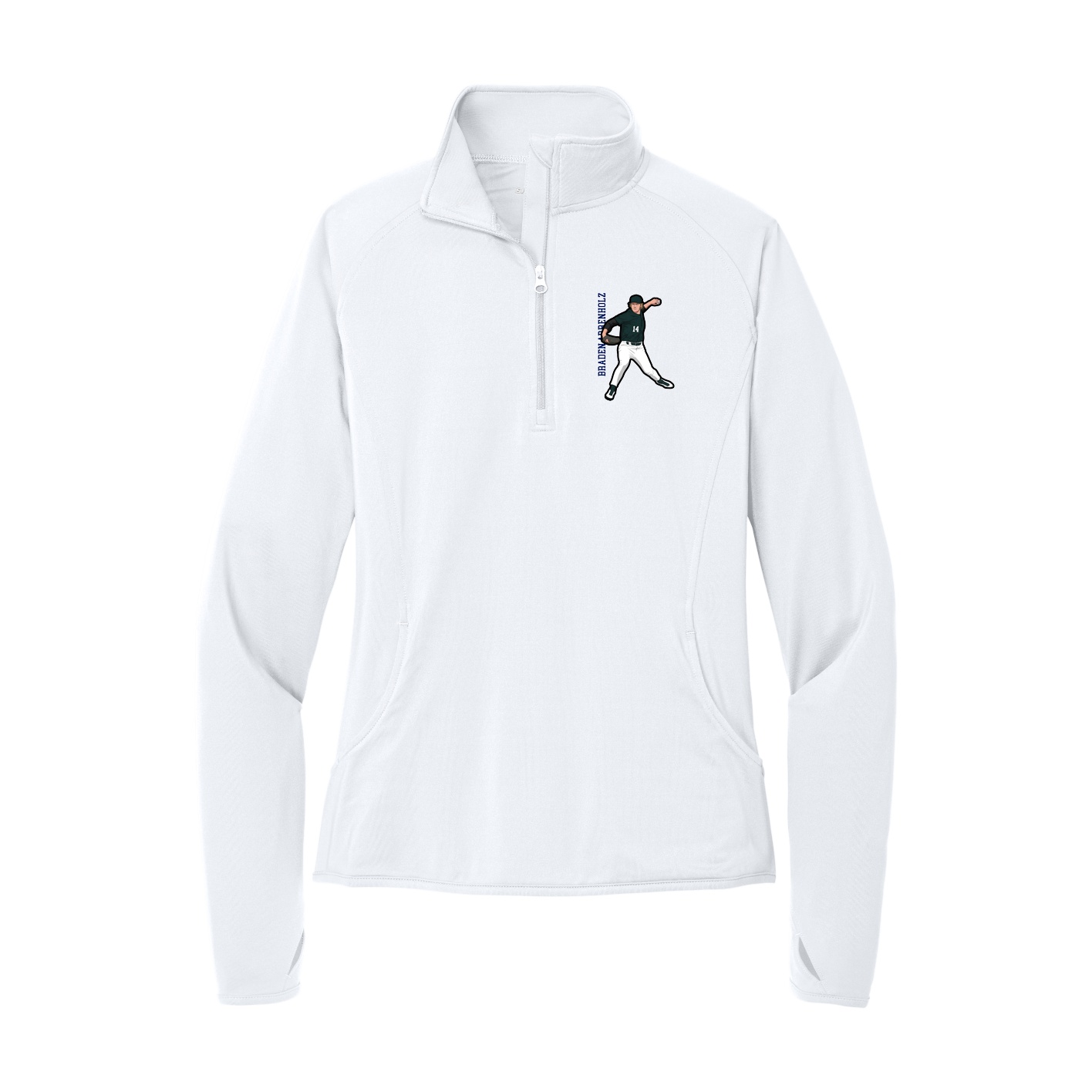 Women's Q-Zip Pullover — Name Vertical in White