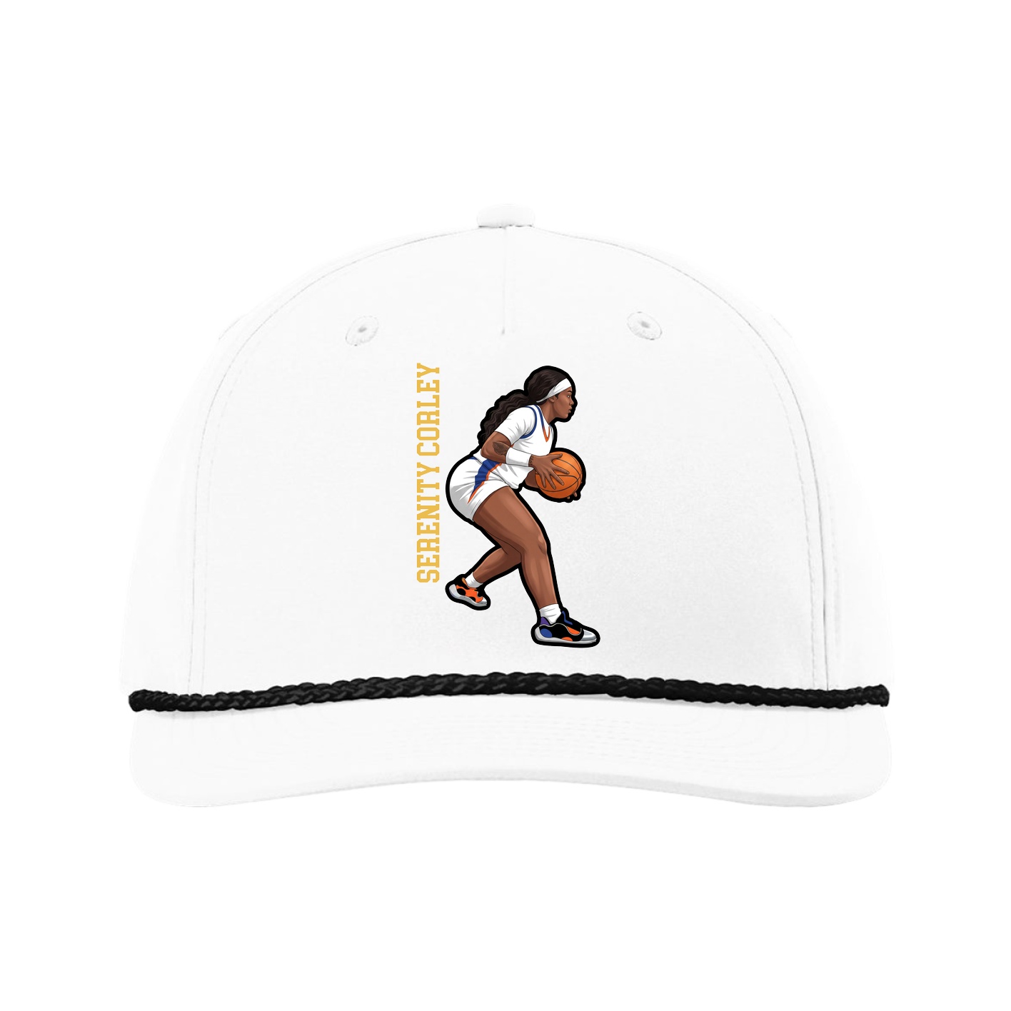 Five-Panel Classic Rope Cap — Name Vertical in White