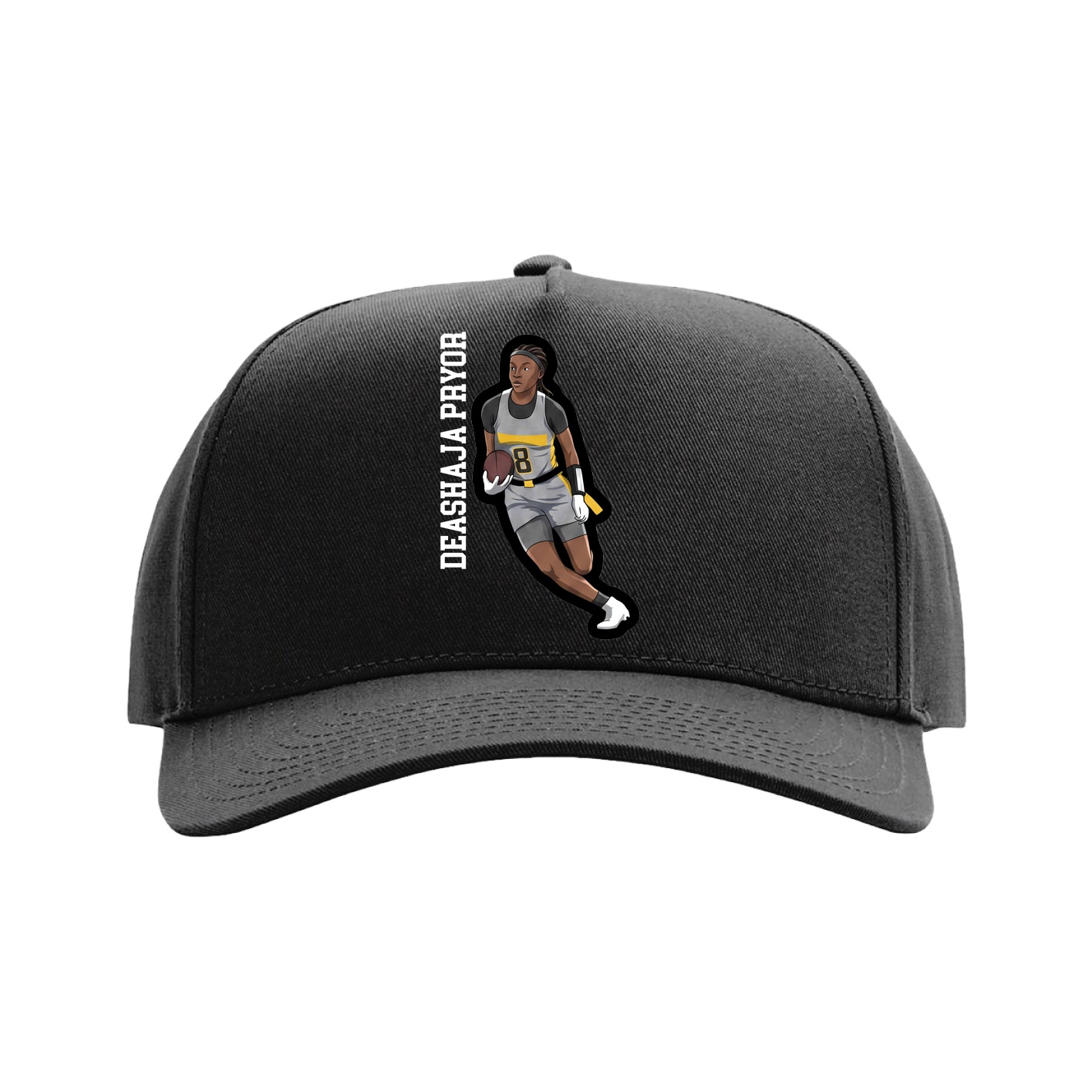 Full Fabric Five-Panel Champ Cap — Name Vertical in Black