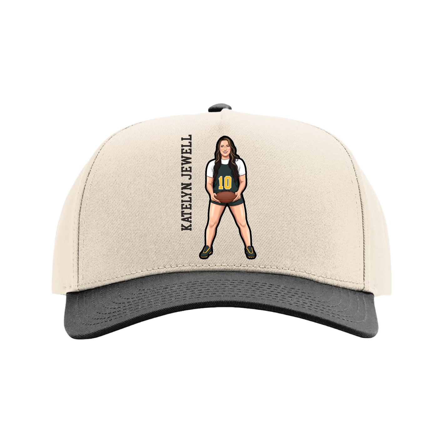 Full Fabric Five-Panel Champ Cap — Name Vertical in Cream/Black