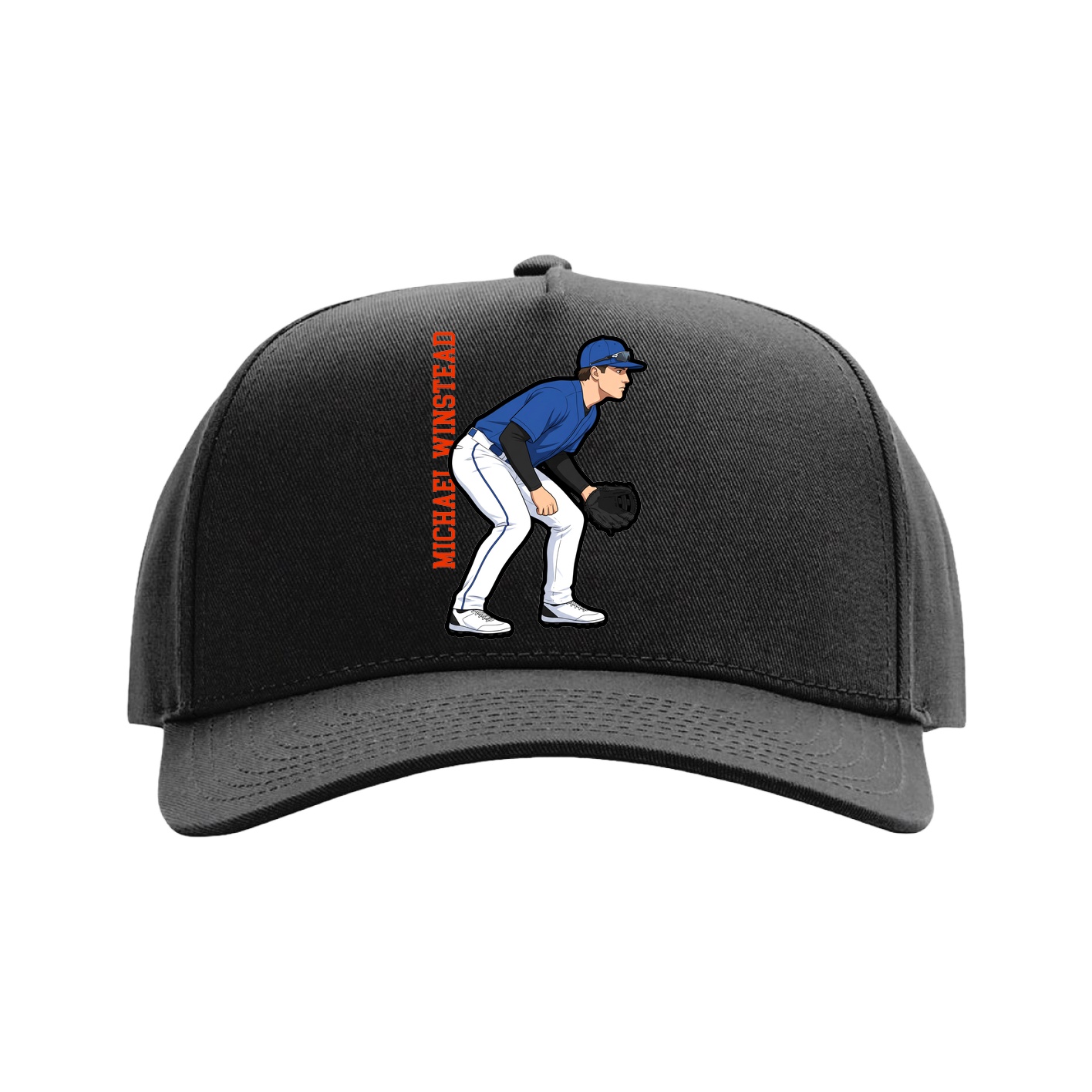 Full Fabric Five-Panel Champ Cap — Name Vertical in Black