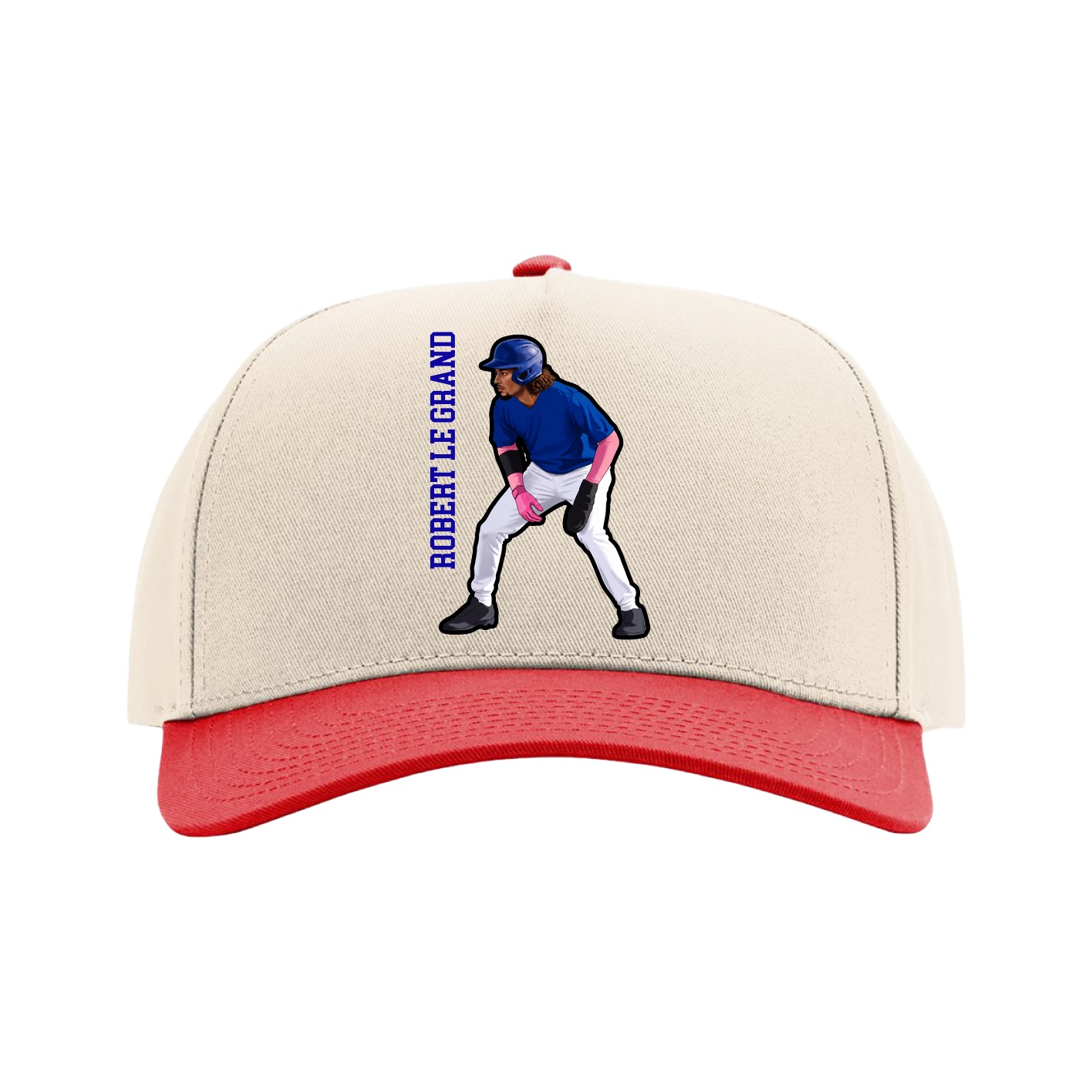 Full Fabric Five-Panel Champ Cap — Name Vertical in Cream/Red