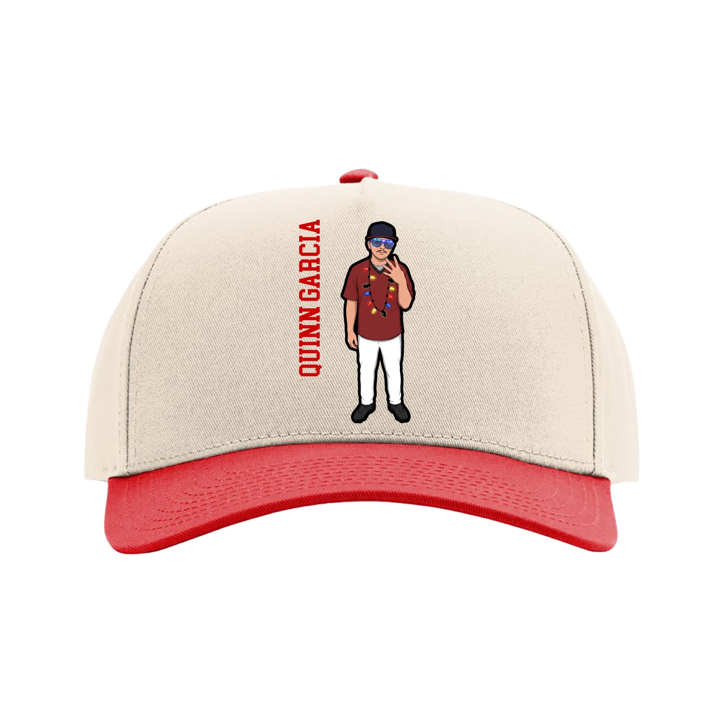 Full Fabric Five-Panel Champ Cap — Name Vertical in Cream/Red
