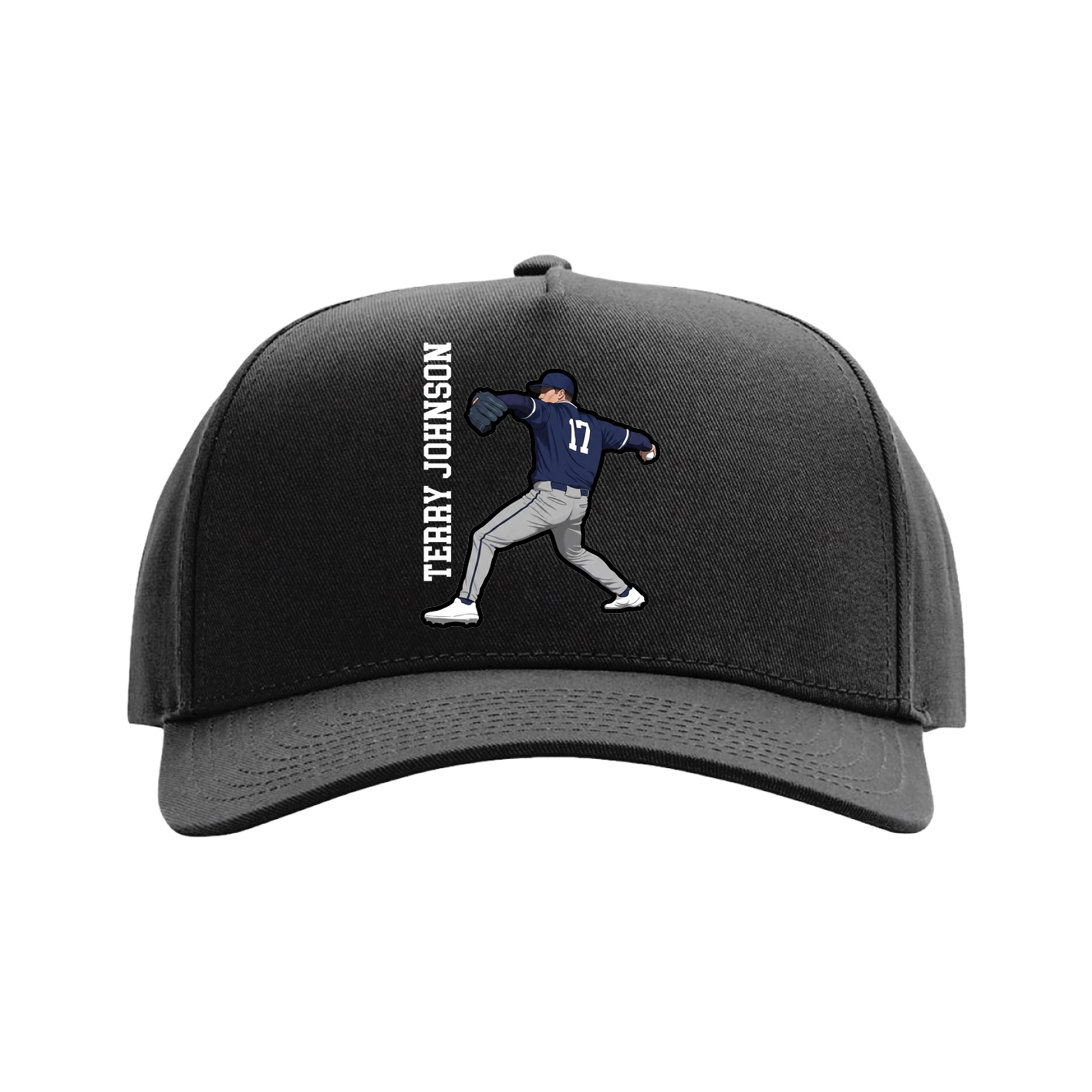 Full Fabric Five-Panel Champ Cap — Name Vertical in Black