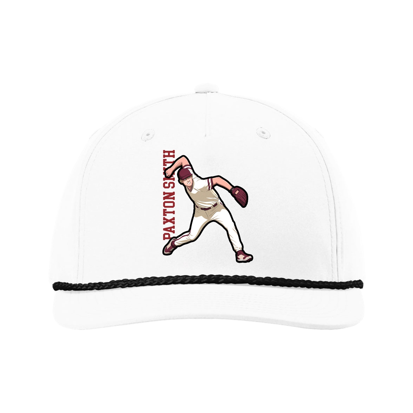 Five-Panel Classic Rope Cap — Name Vertical in White