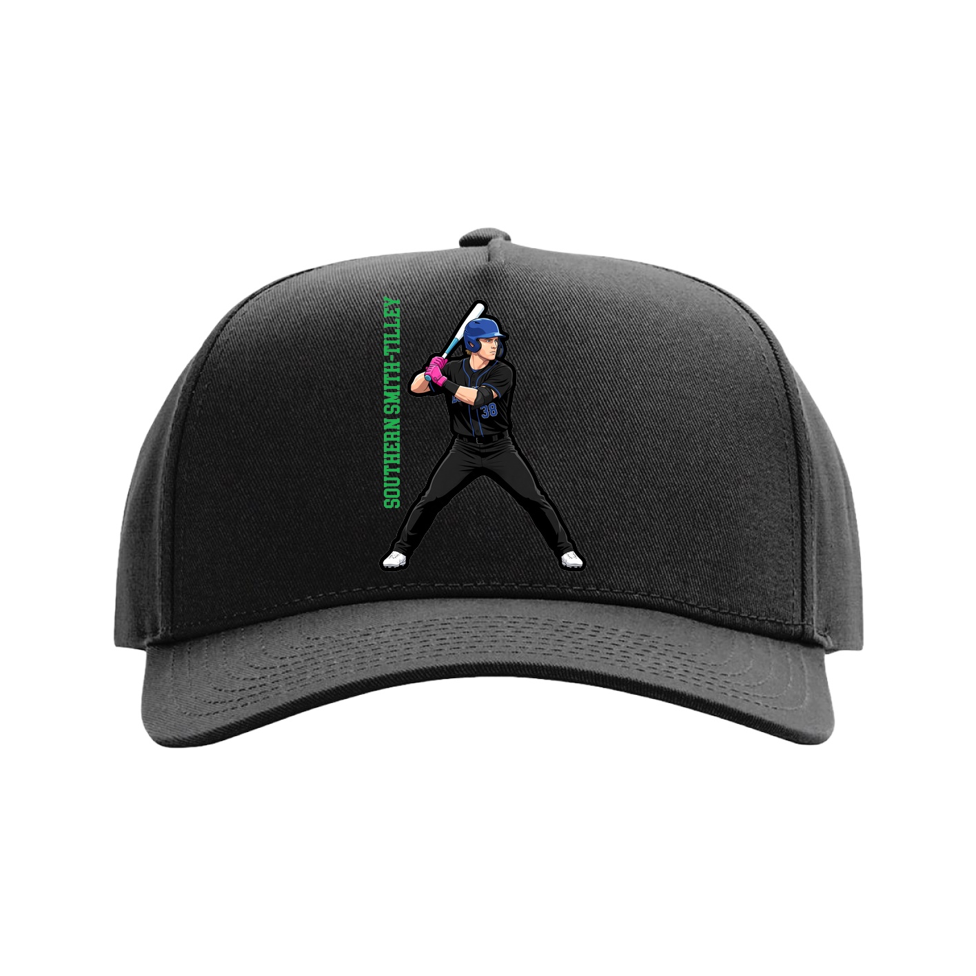 Full Fabric Five-Panel Champ Cap — Name Vertical in Black