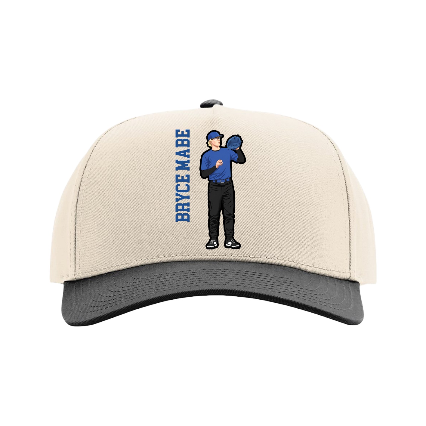 Full Fabric Five-Panel Champ Cap — Name Vertical in Cream/Black