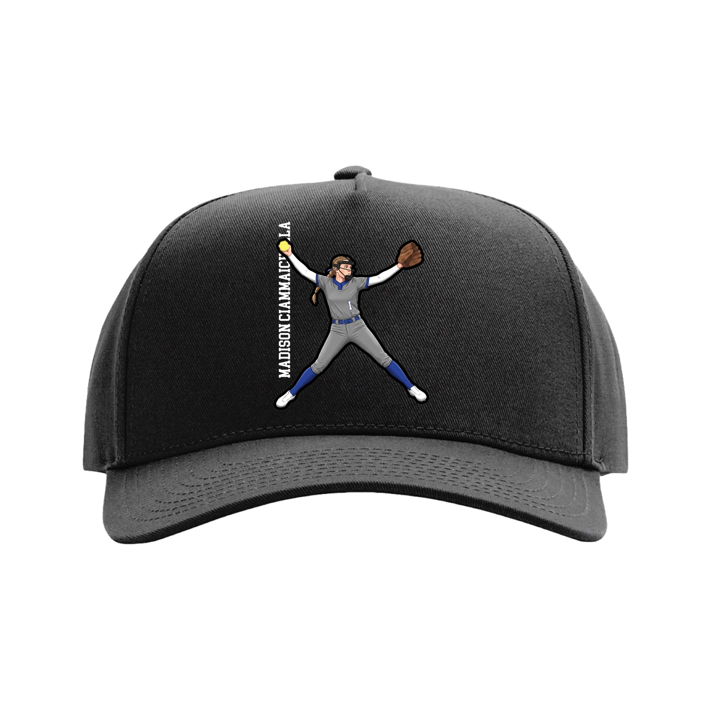Full Fabric Five-Panel Champ Cap — Name Vertical in Black