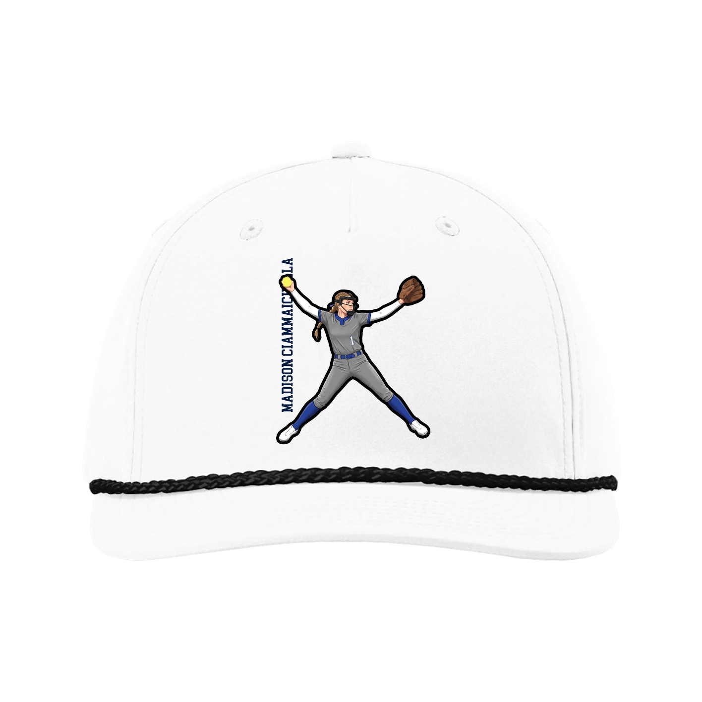 Five-Panel Classic Rope Cap — Name Vertical in White