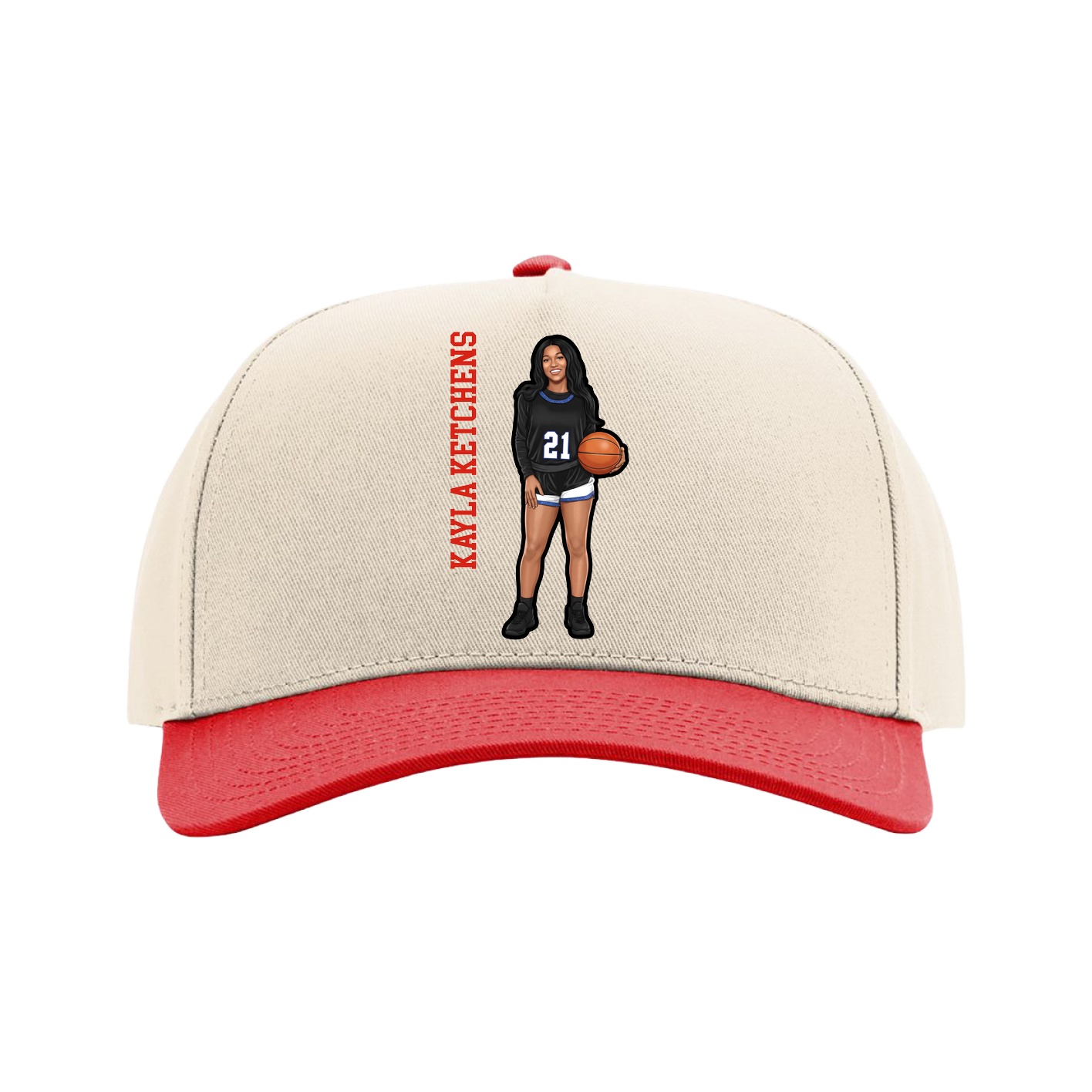 Full Fabric Five-Panel Champ Cap — Name Vertical in Cream/Red
