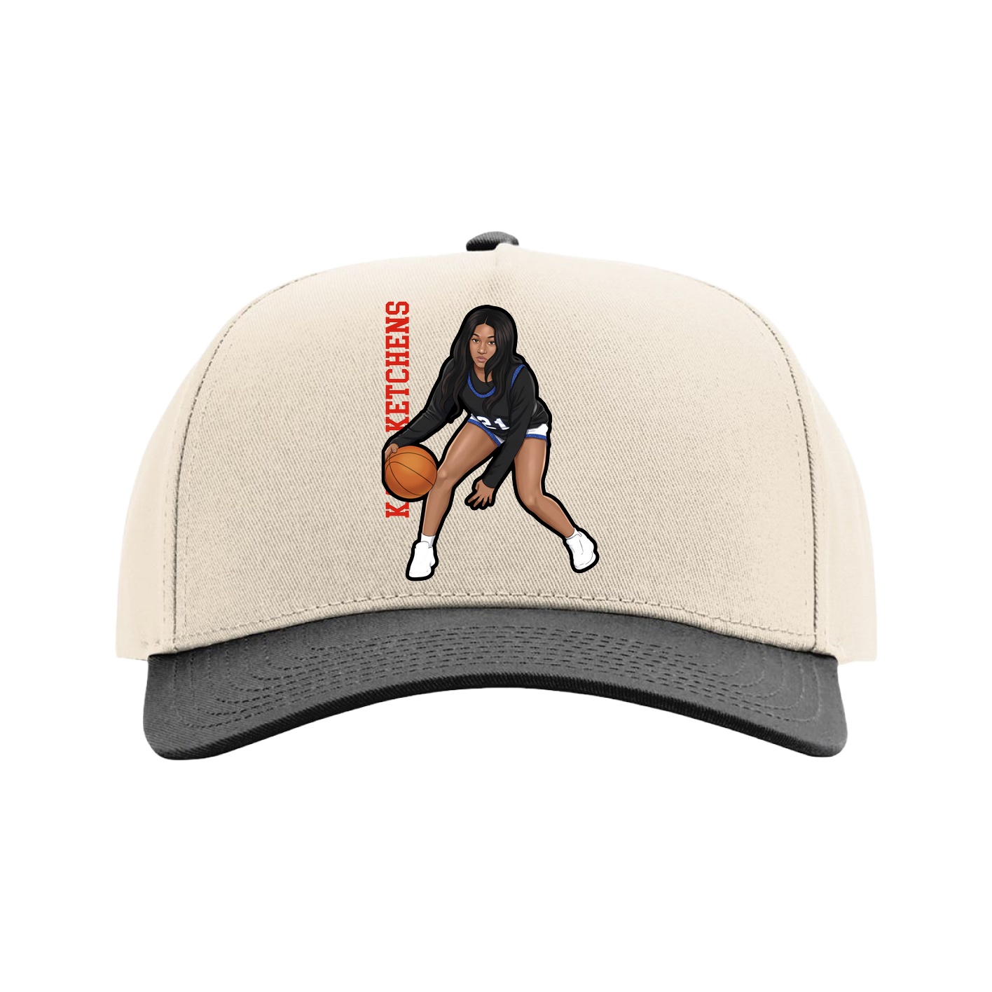 Full Fabric Five-Panel Champ Cap — Name Vertical in Cream/Black