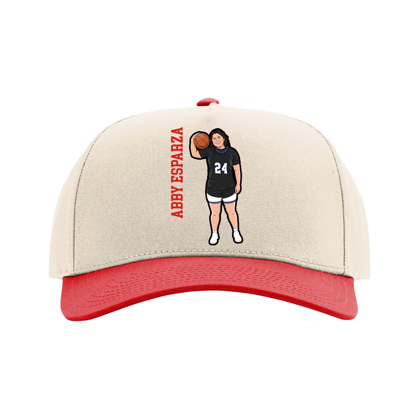 Full Fabric Five-Panel Champ Cap — Name Vertical in Cream/Red