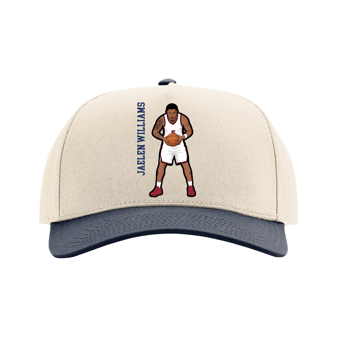 Full Fabric Five-Panel Champ Cap — Name Vertical in Cream/Navy
