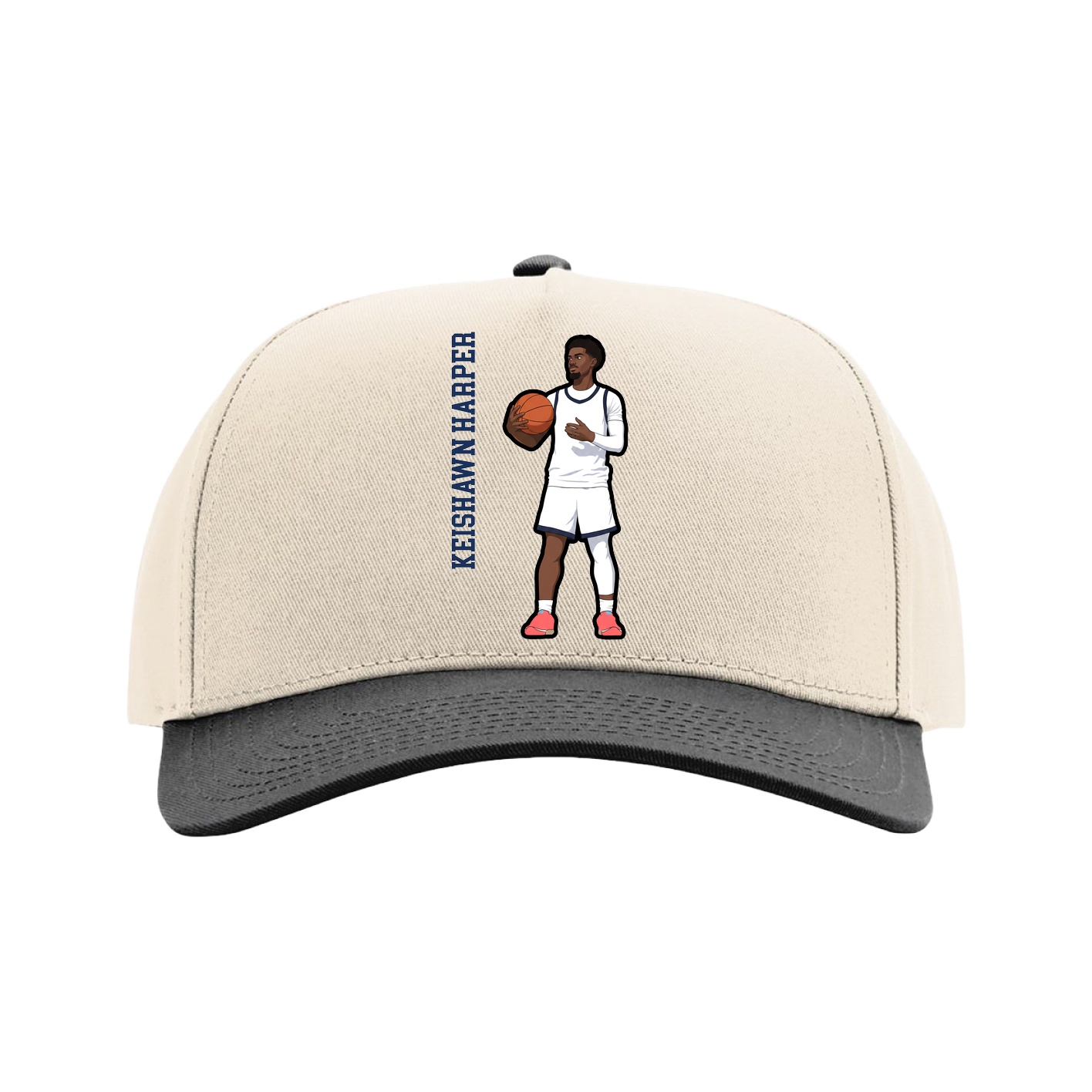 Full Fabric Five-Panel Champ Cap — Name Vertical in Cream/Black