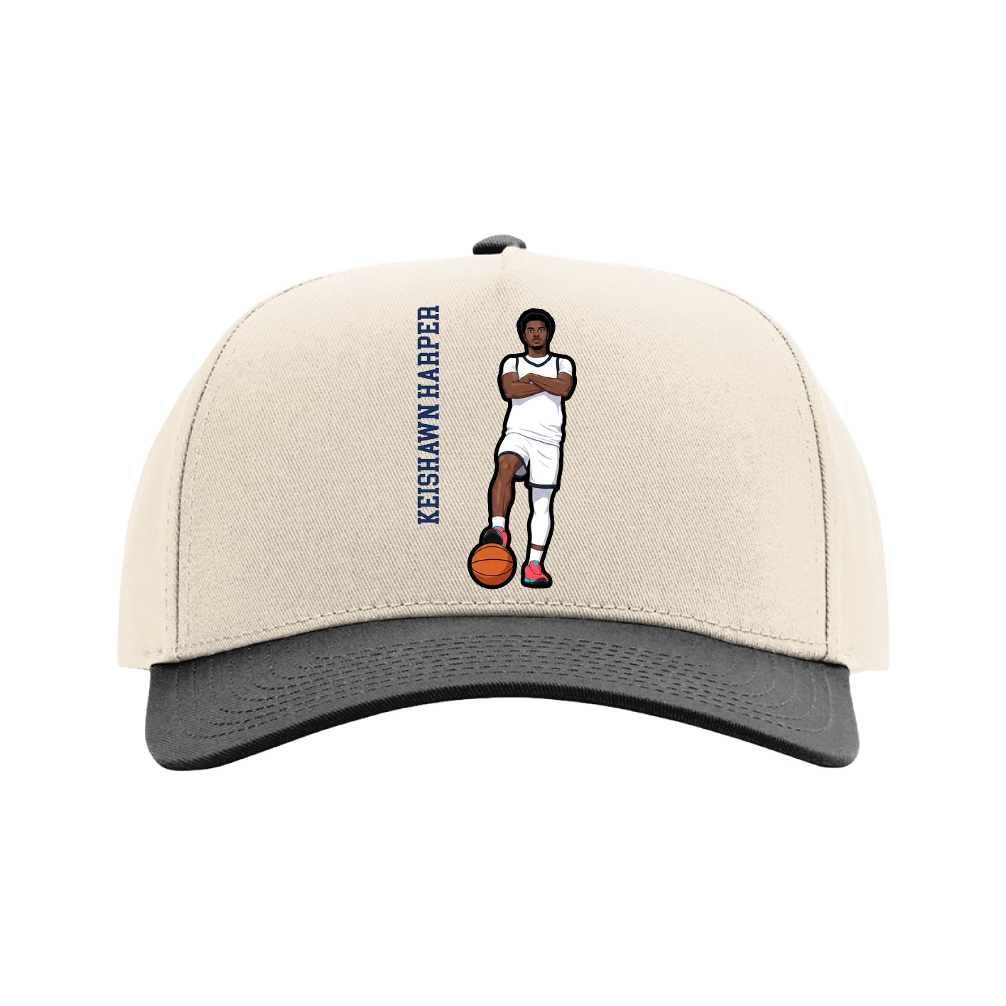 Full Fabric Five-Panel Champ Cap — Name Vertical in Cream/Black