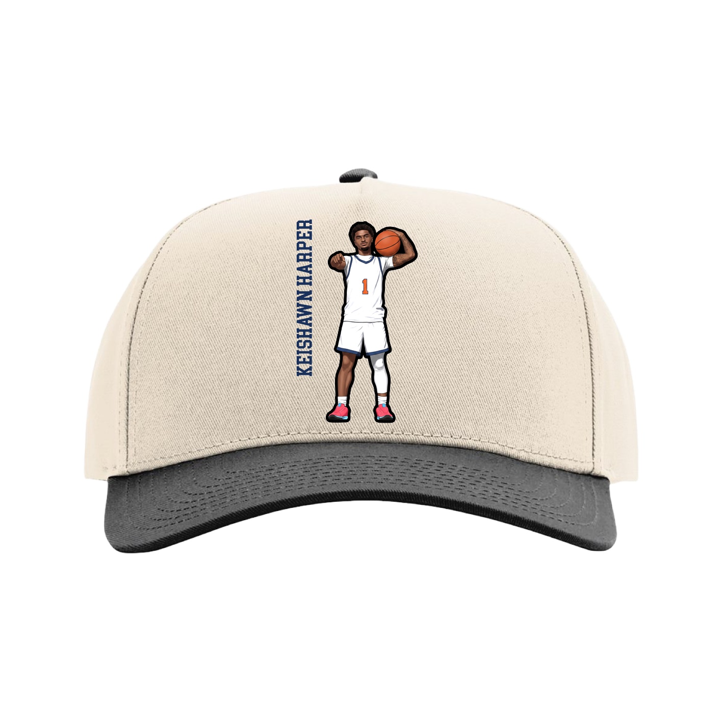 Full Fabric Five-Panel Champ Cap — Name Vertical in Cream/Black