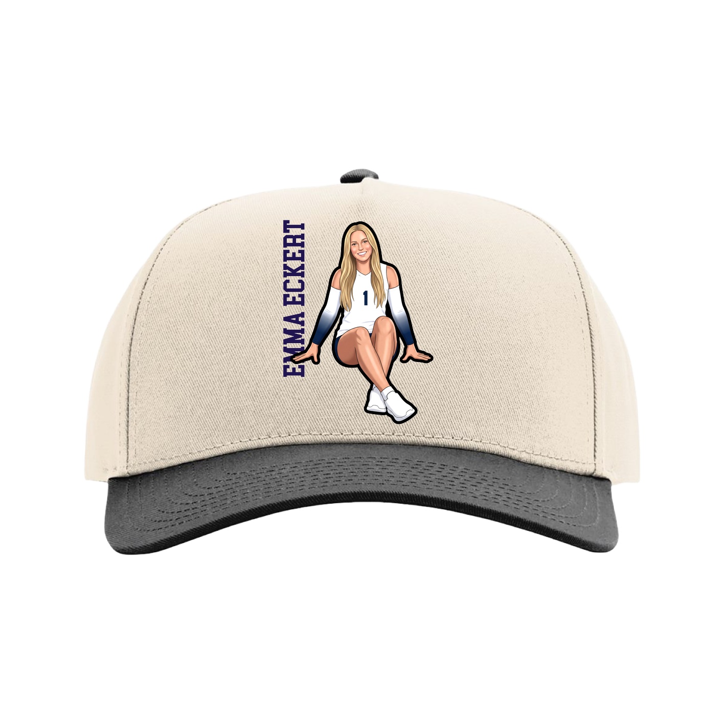 Full Fabric Five-Panel Champ Cap — Name Vertical in Cream/Black