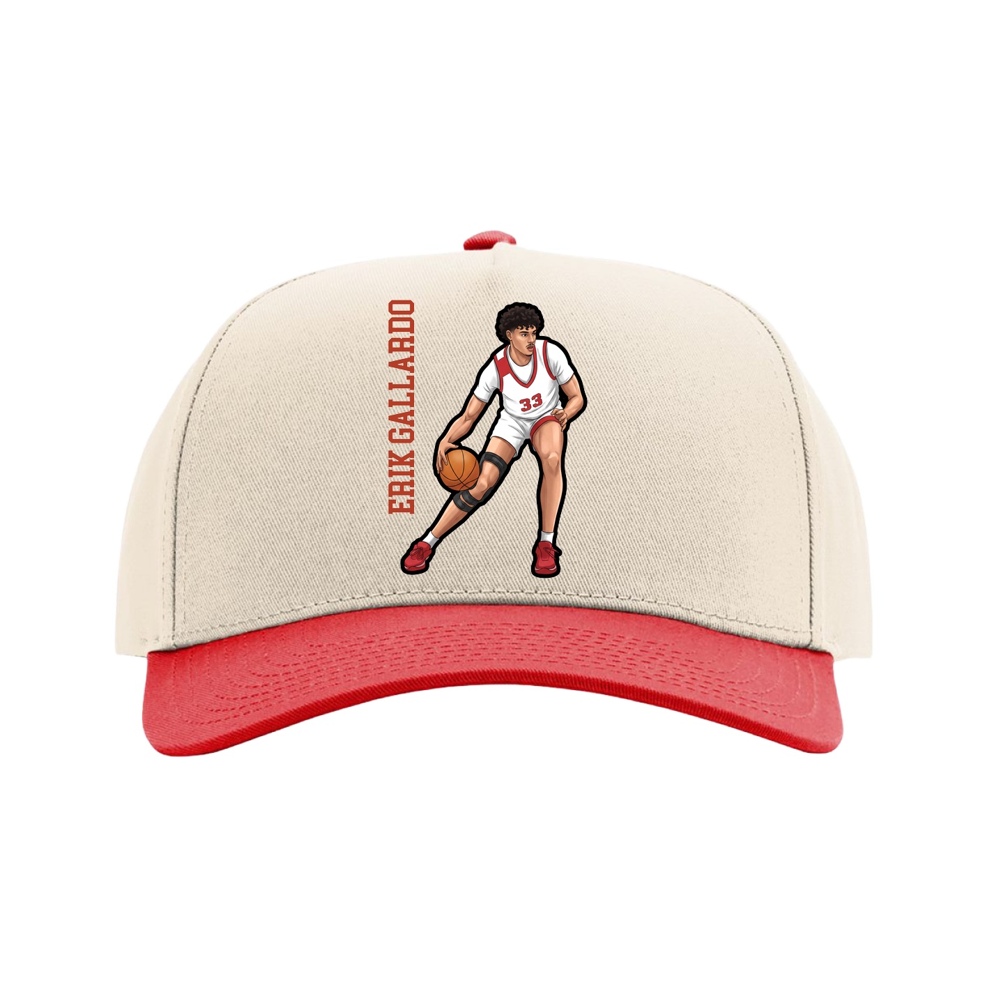 Full Fabric Five-Panel Champ Cap — Name Vertical in Cream/Red