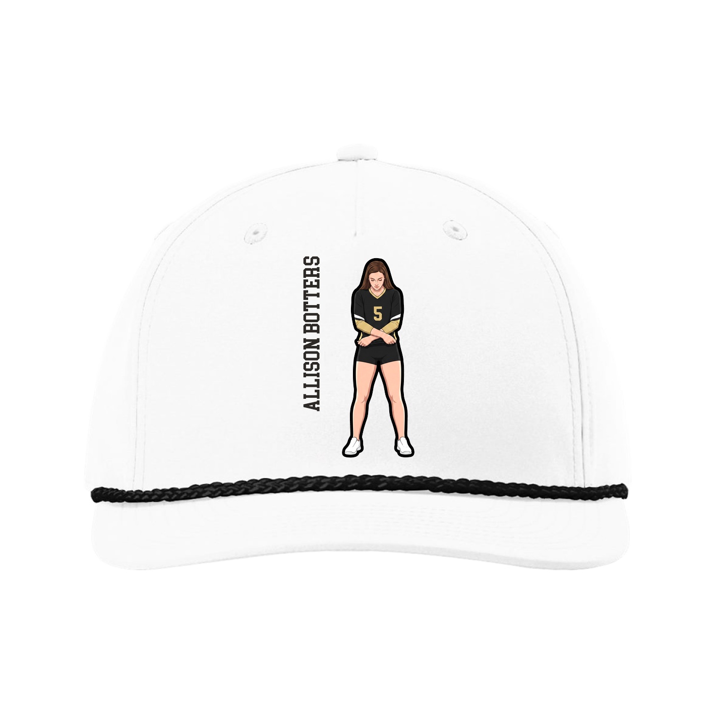 Five-Panel Classic Rope Cap — Name Vertical in White