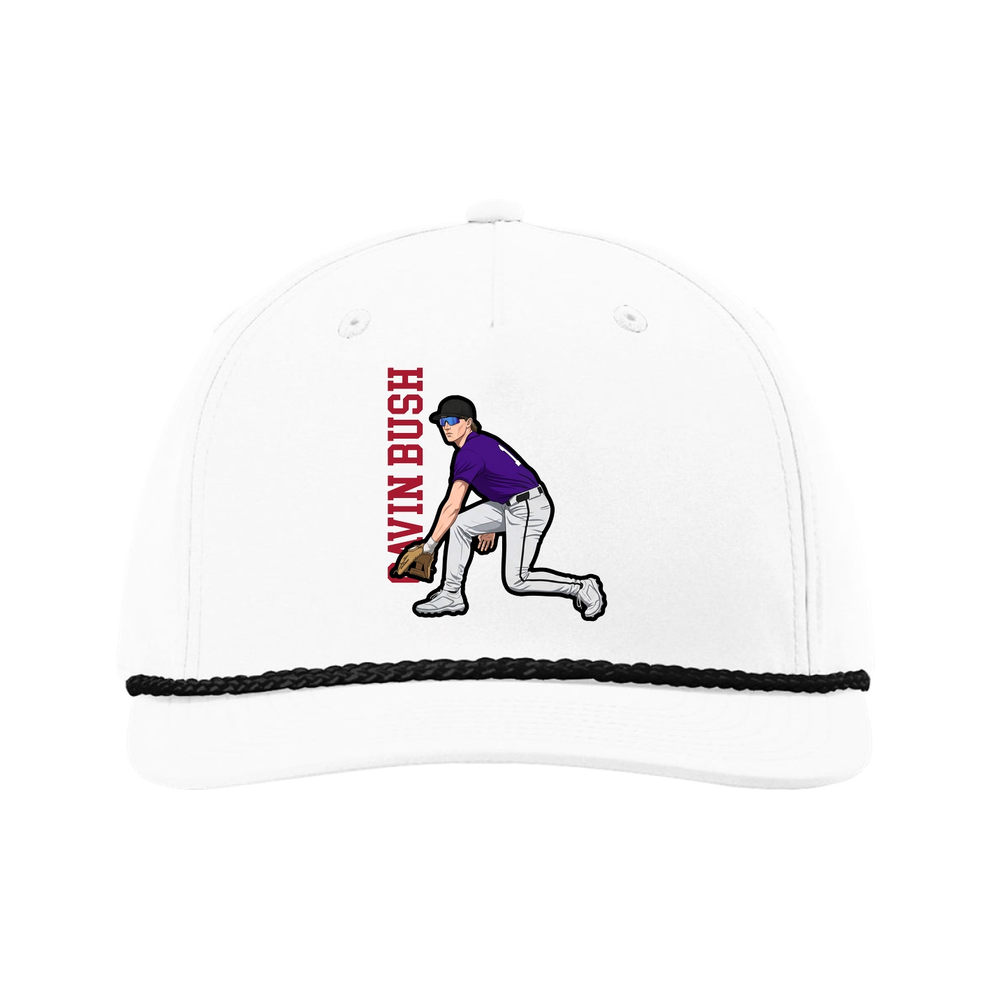 Five-Panel Classic Rope Cap — Name Vertical in White