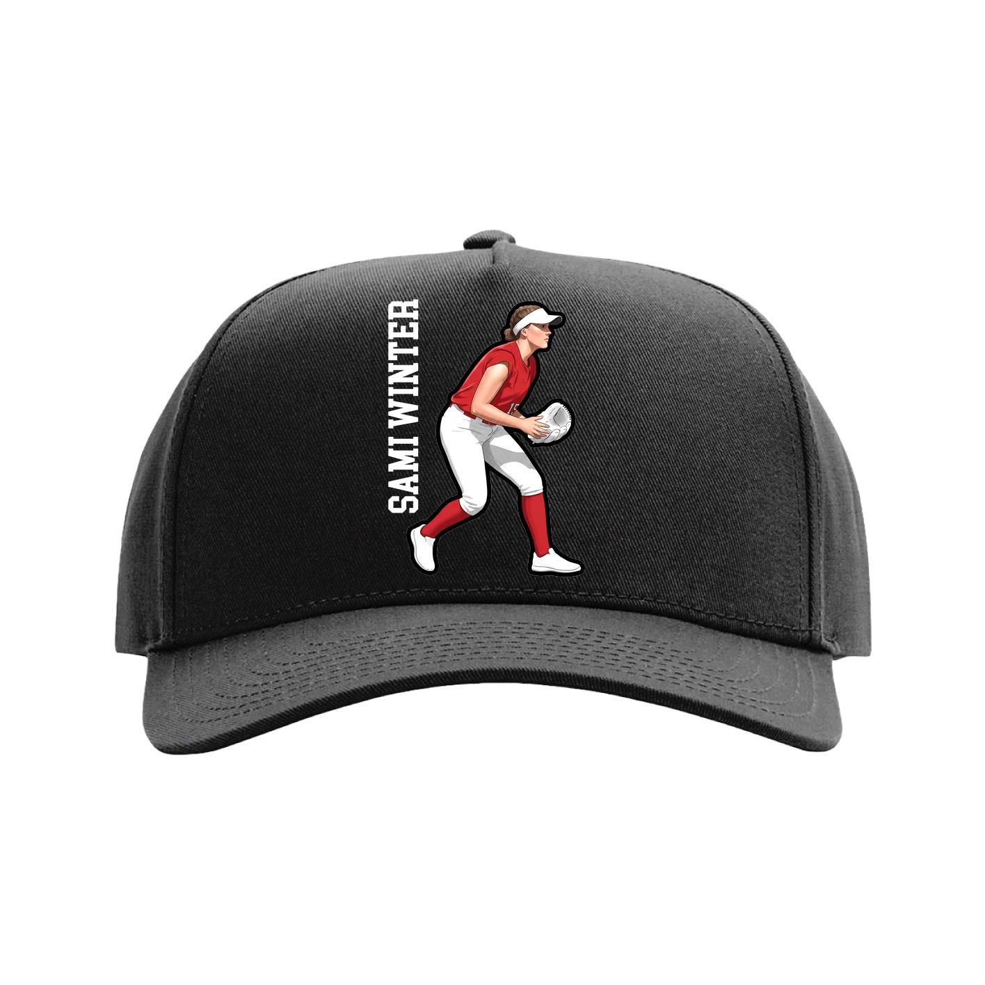 Full Fabric Five-Panel Champ Cap — Name Vertical in Black