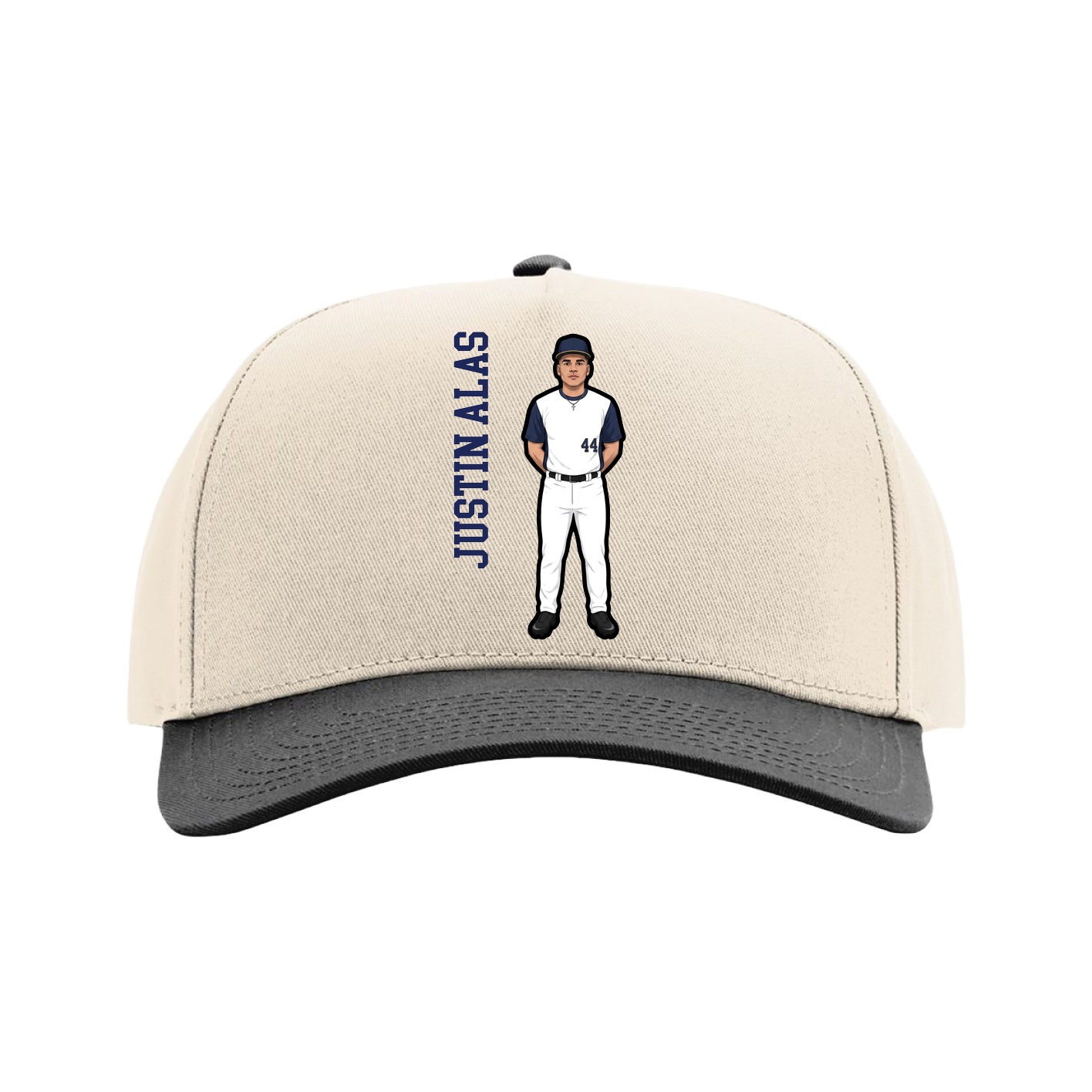 Full Fabric Five-Panel Champ Cap — Name Vertical in Cream/Black