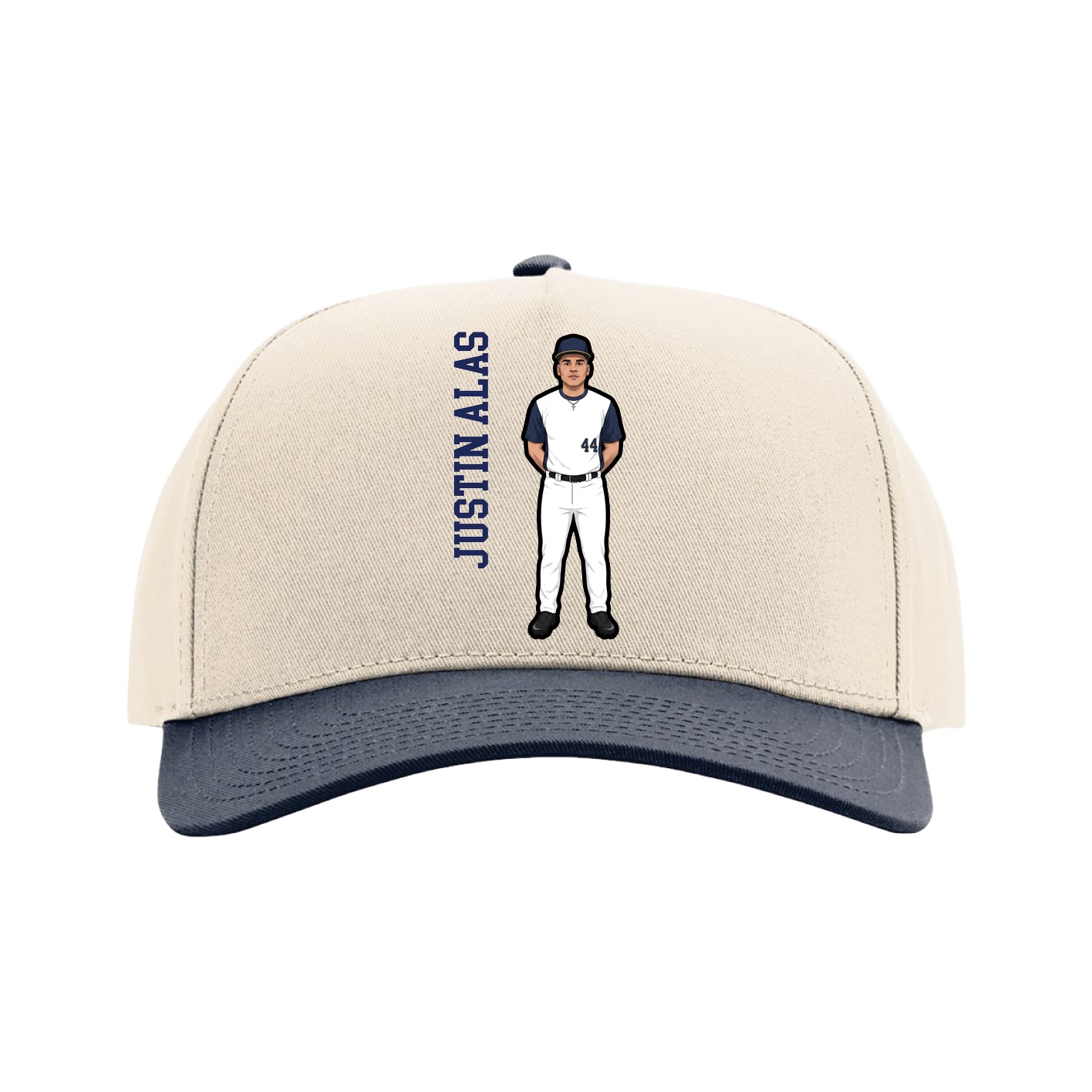 Full Fabric Five-Panel Champ Cap — Name Vertical in Cream/Navy
