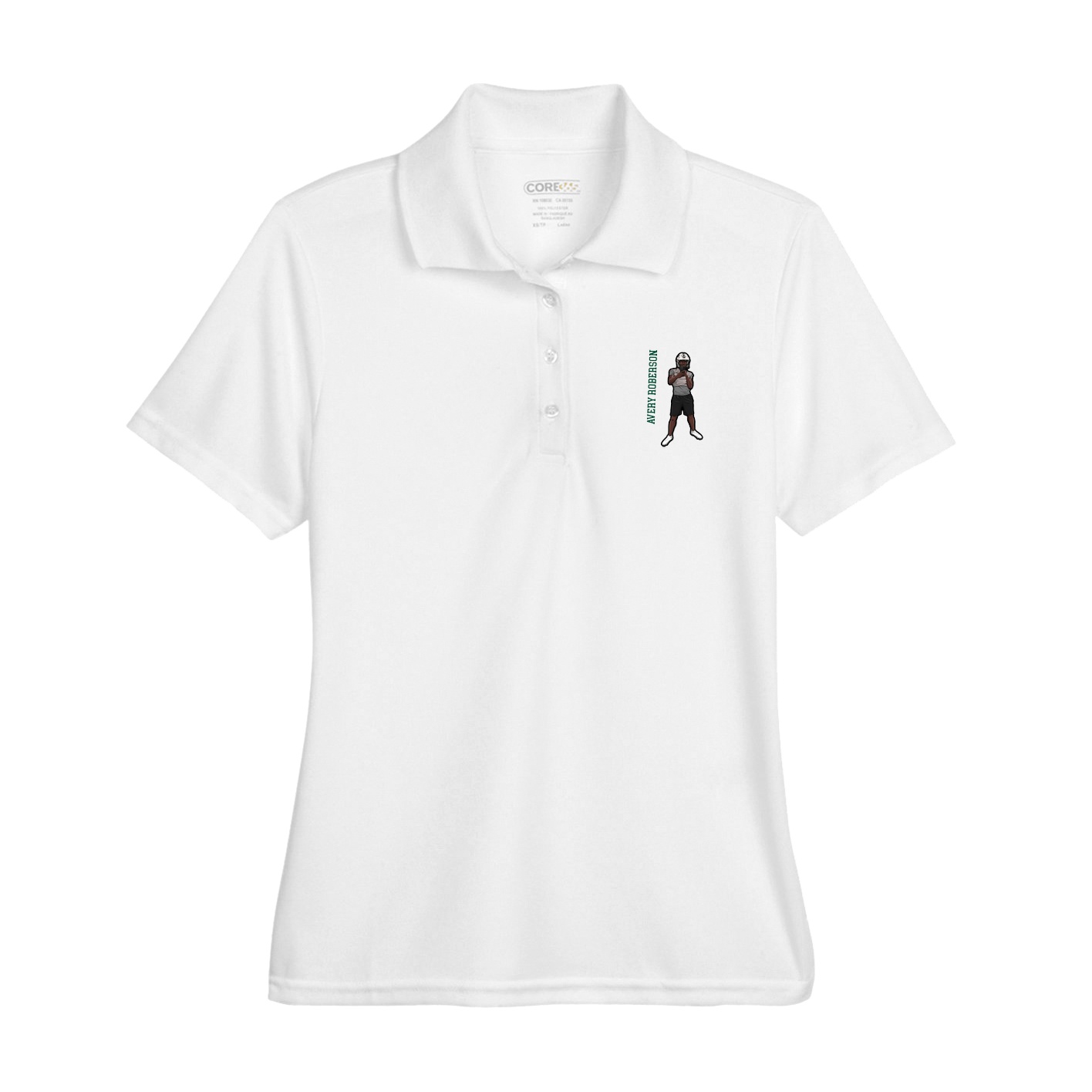 Womens Performance Polo — Name Vertical in White