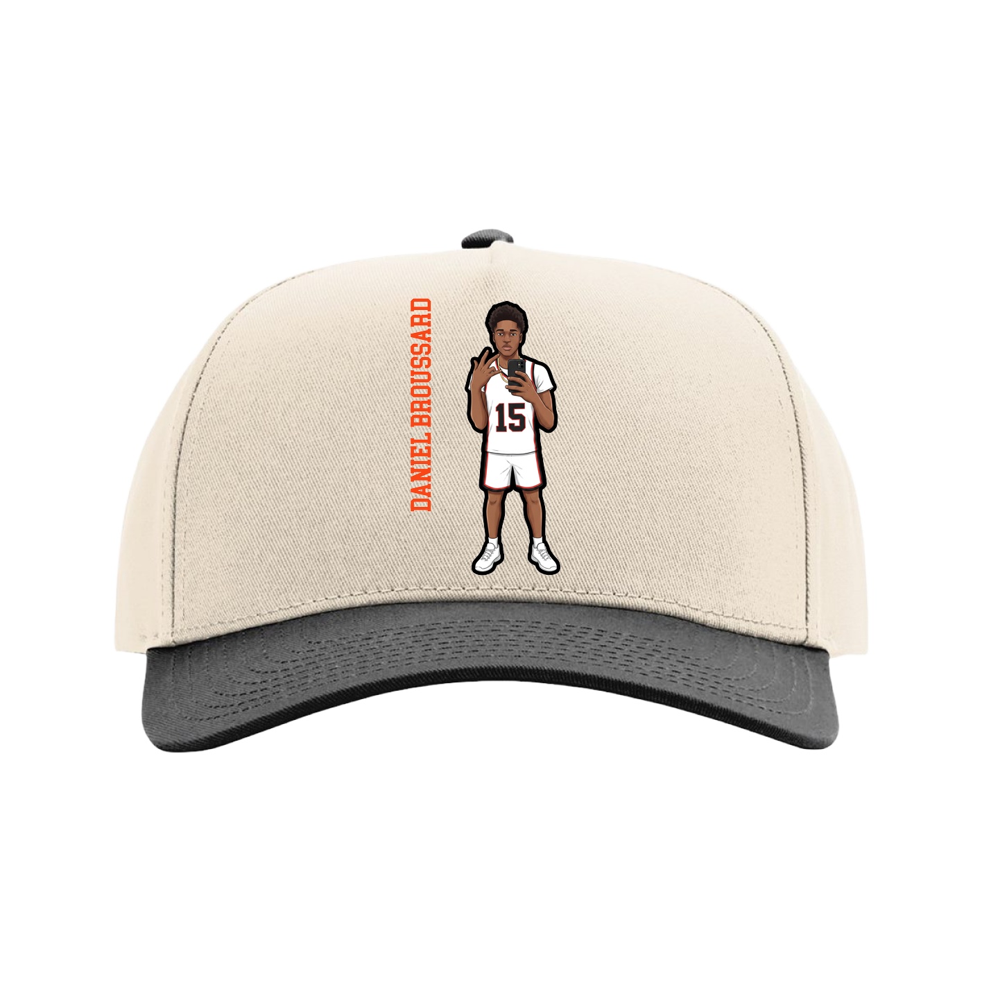 Full Fabric Five-Panel Champ Cap — Name Vertical in Cream/Black
