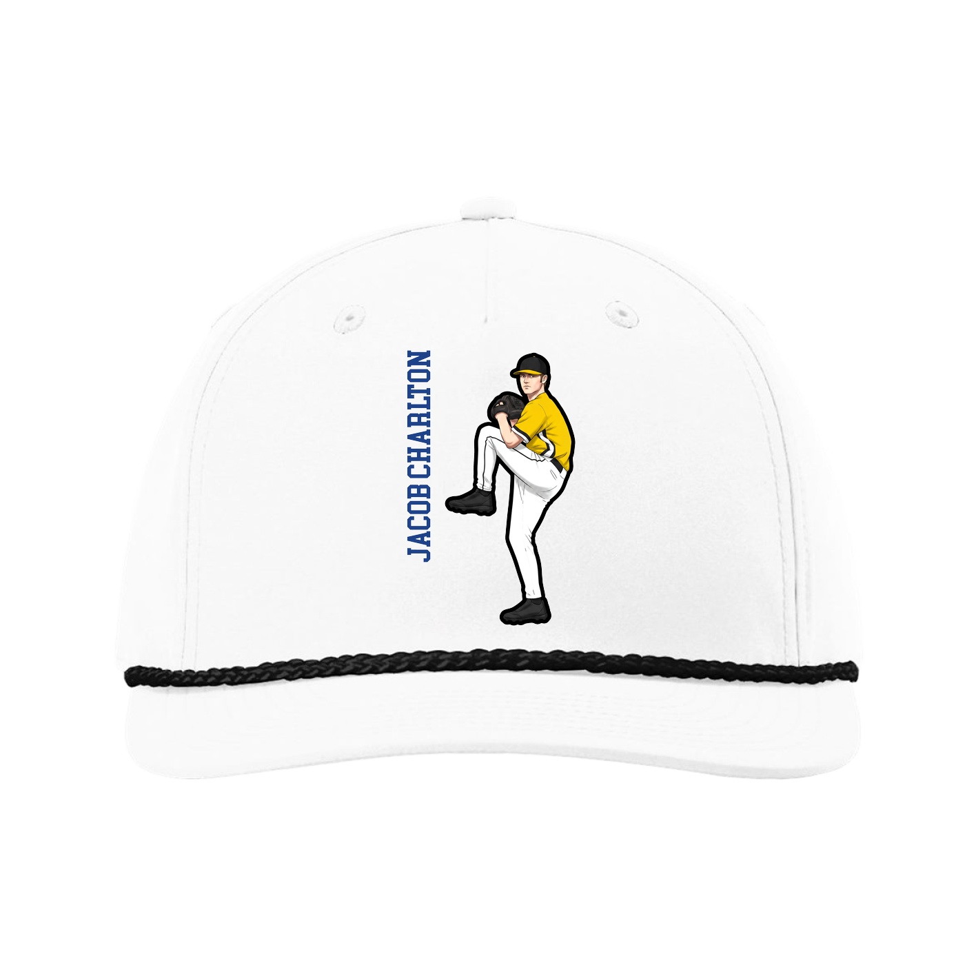 Five-Panel Classic Rope Cap — Name Vertical in White
