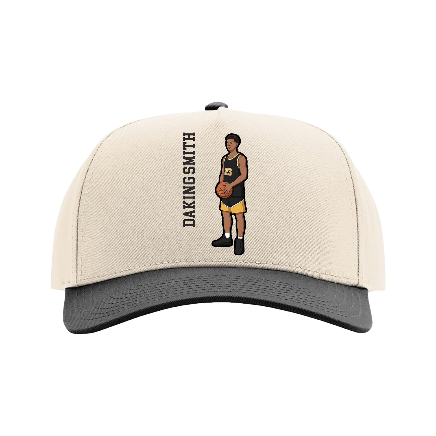 Full Fabric Five-Panel Champ Cap — Name Vertical in Cream/Black