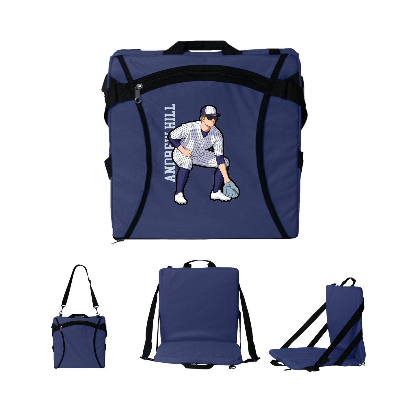 Folding Stadium Seat — Name Vertical in Navy